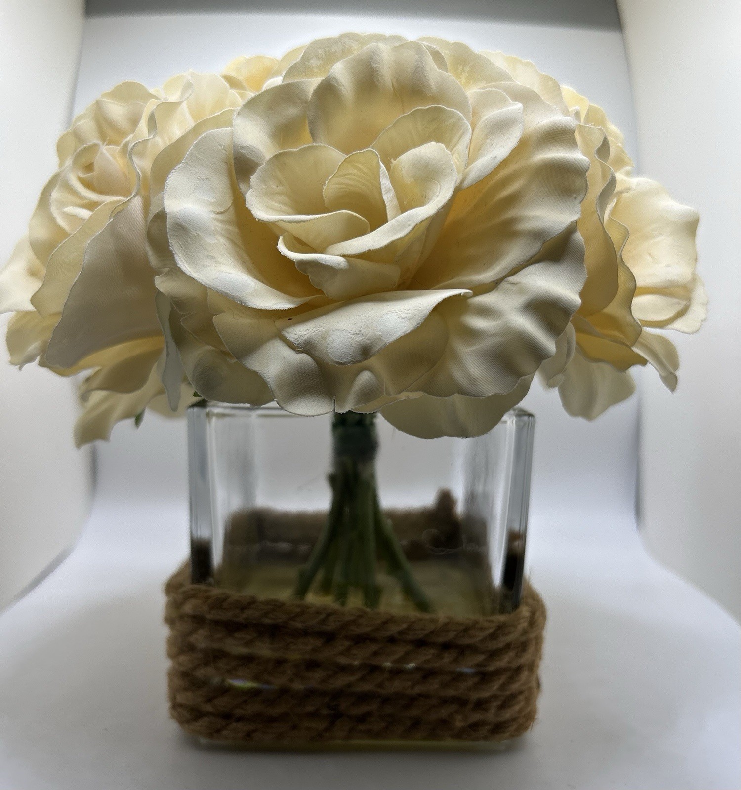 Rose Stems Floral Silk Roses In Glass Cube Rope Wrap Bottom