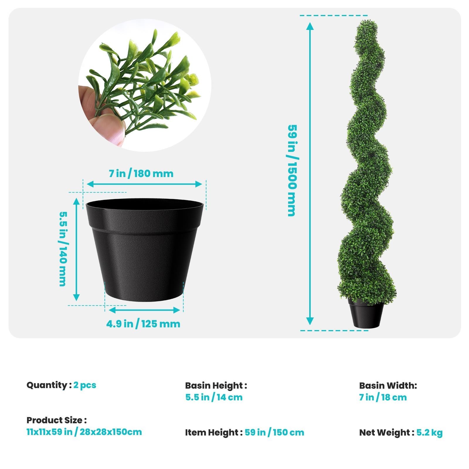 5ft Artificial Boxwood Spiral Topiary Trees, 2Pcs Faux Tree Indoor&Outdoor Decor