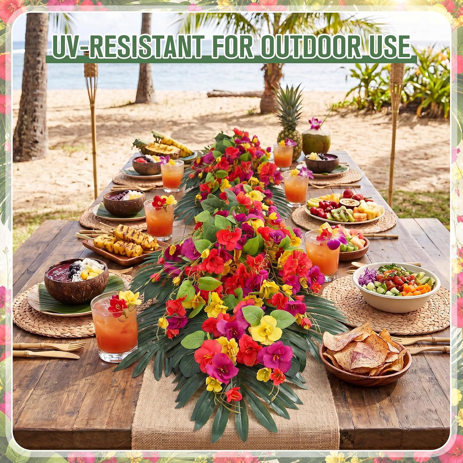 20 Pcs Tropical Hibiscus Flowers & Palm Leaves for Luau Party Decor