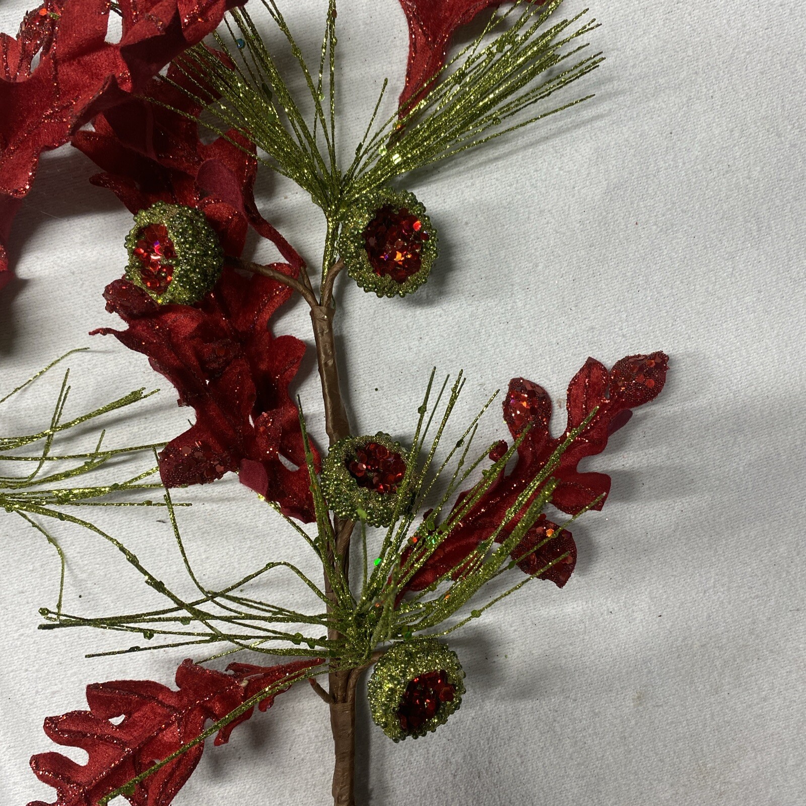 Artificial Glitter Leaves Red Wire Cherry Picks Floral Christmas Decor Vintage