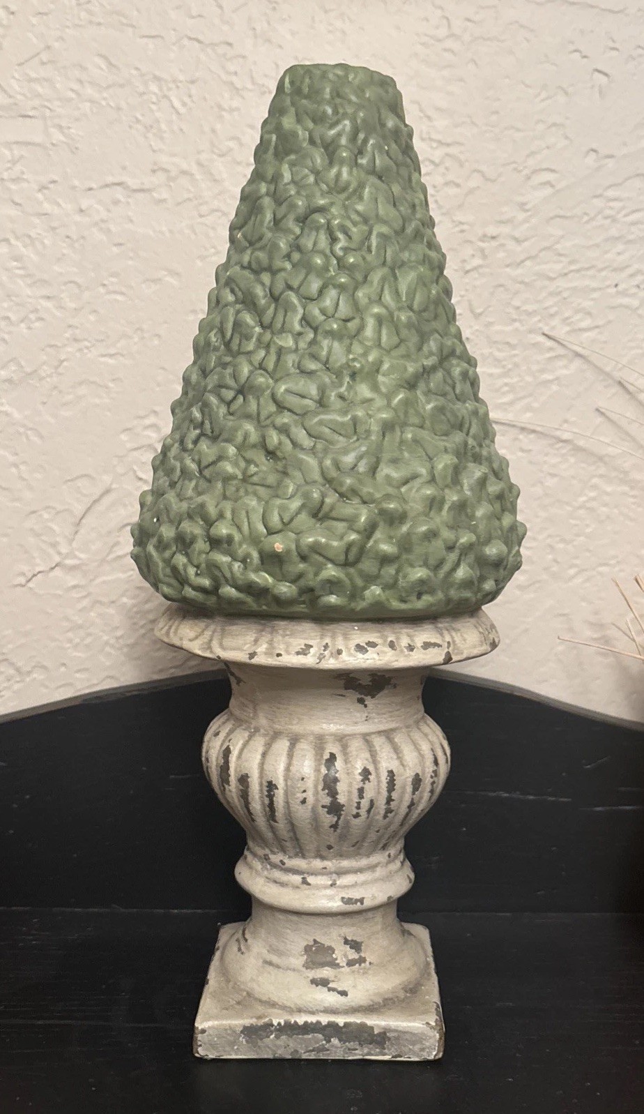 Terracotta Ceramic Cone Topiary 14″ Vintage Chippy Green Cream Urn