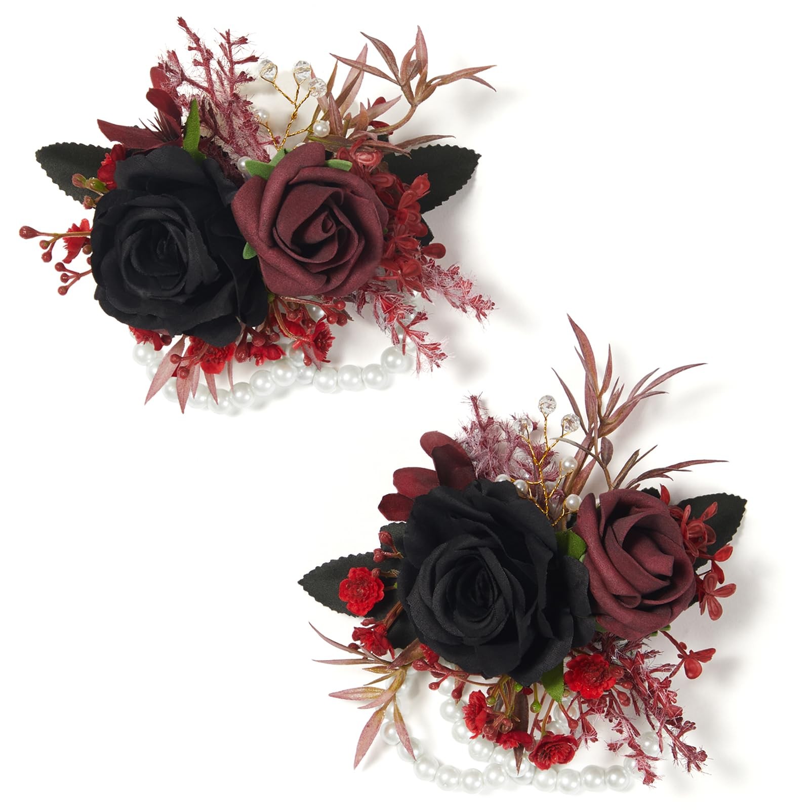 Set of 2 Black Burgundy Wrist Corsage for Wedding 6-7″ Bridesmaid Flowers