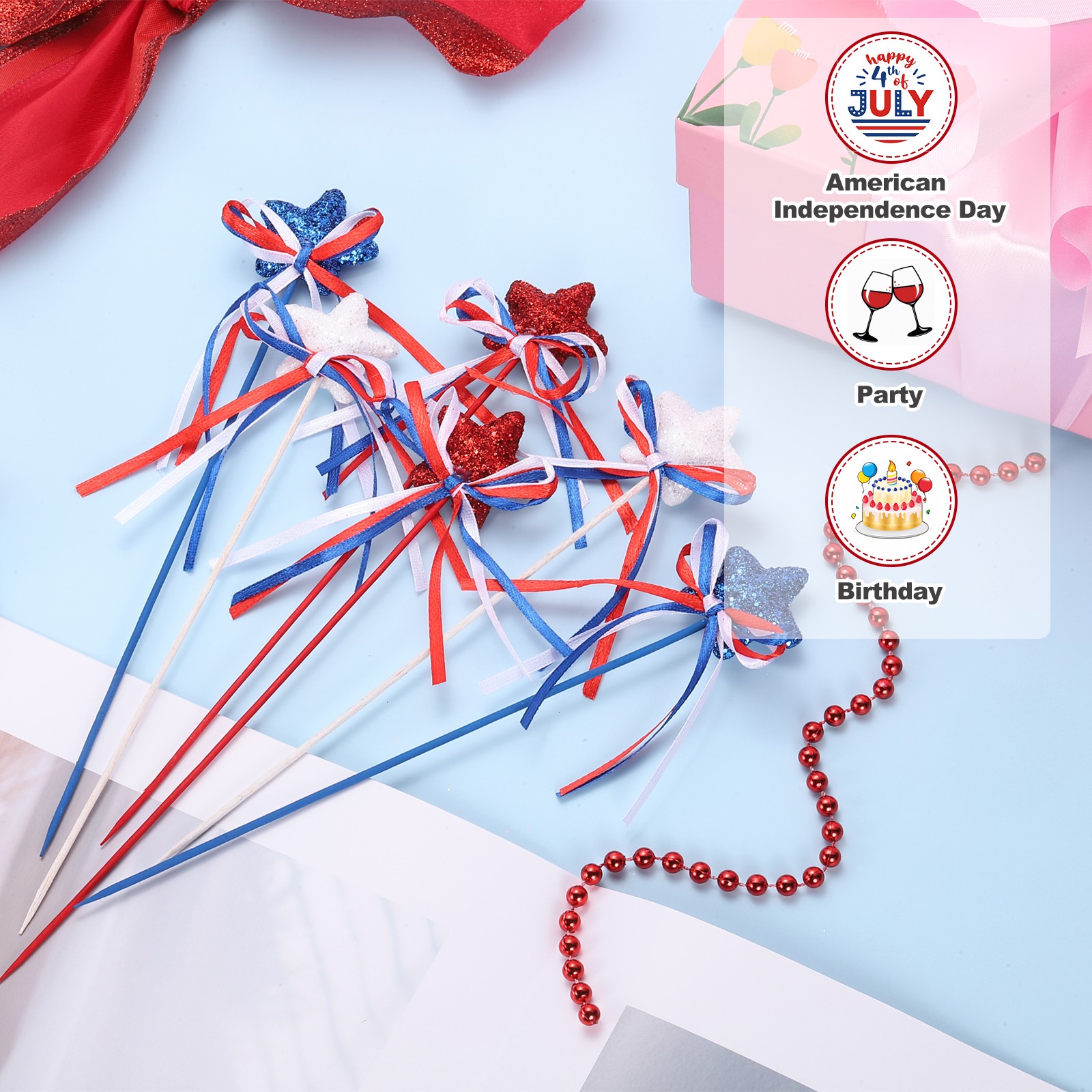 6 Pcs 4th of July Glitter Star Picks 8″ Puffy Sparkly Sticks with Bowknot (Red)