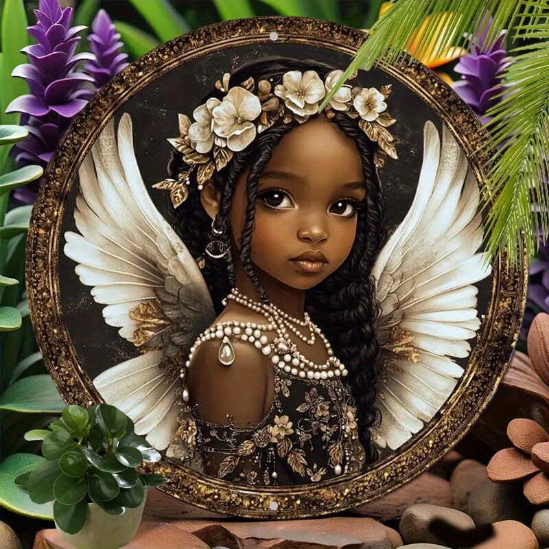 2D Round Flat Printed Acrylic African Angel Doll Sign Gold Cherub Sign