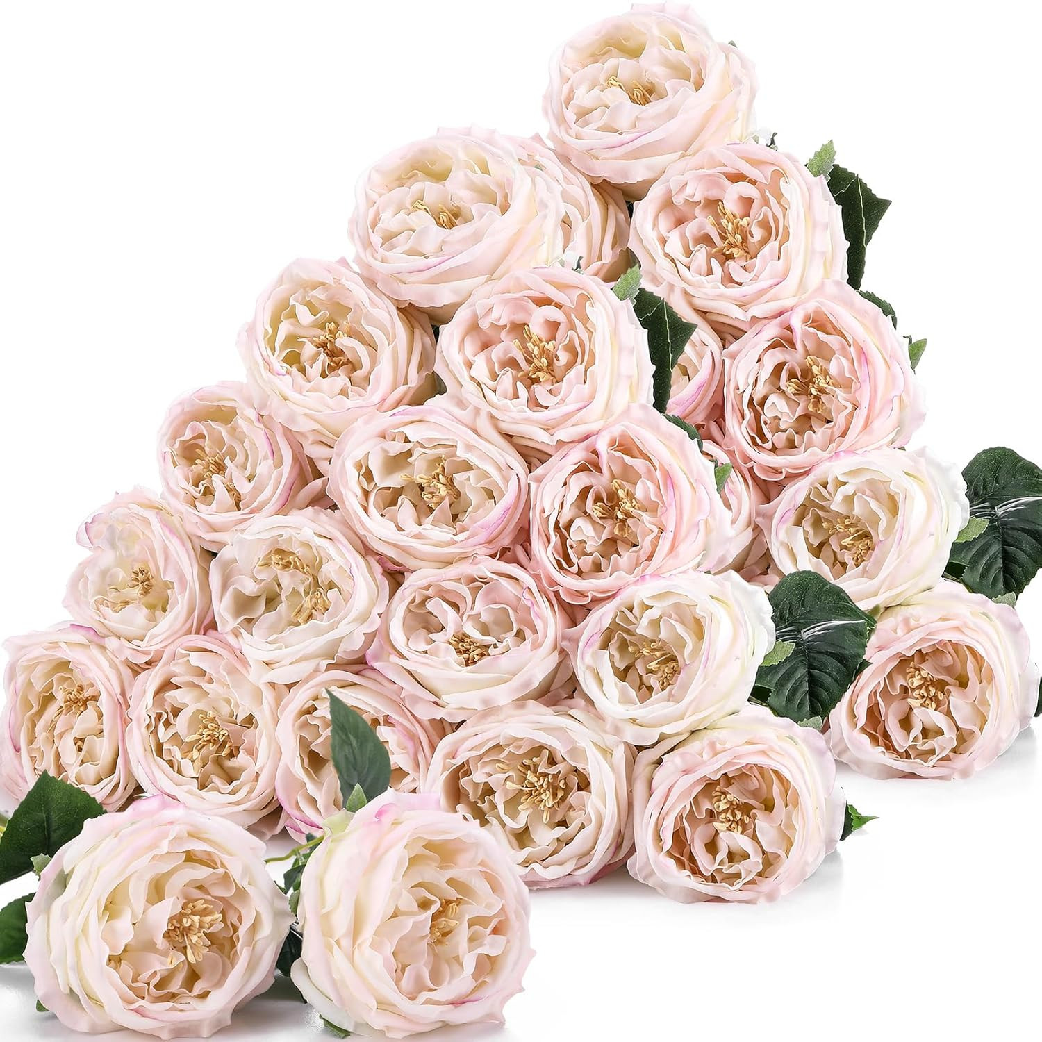20 Pcs Peonies Artificial Flowers, Faux Look Real Long Stems Fake Austin Rose Fl