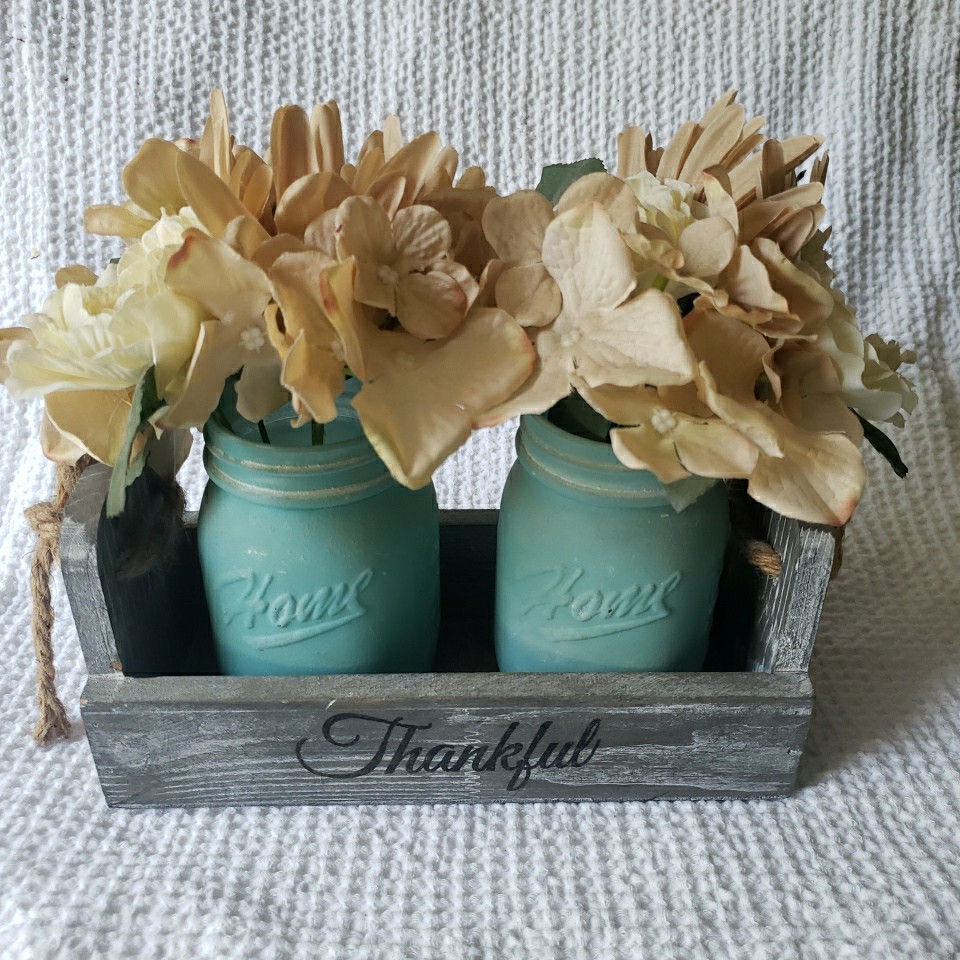 Rustic Mason Jar Table Centerpiece Thankful Wood Tray Kitchen Decor Living Room