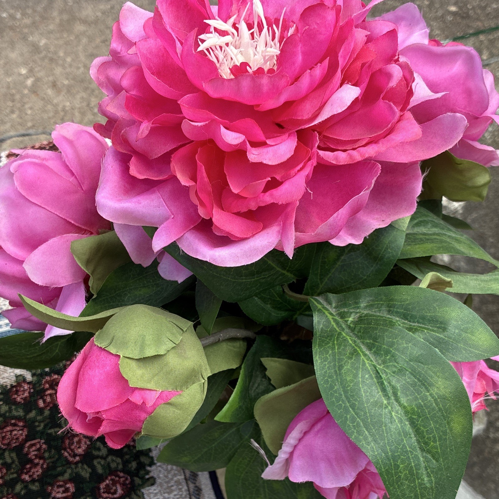 Artificial Pink Peony Arrangement in Glass Vase w/ Green Leaves
