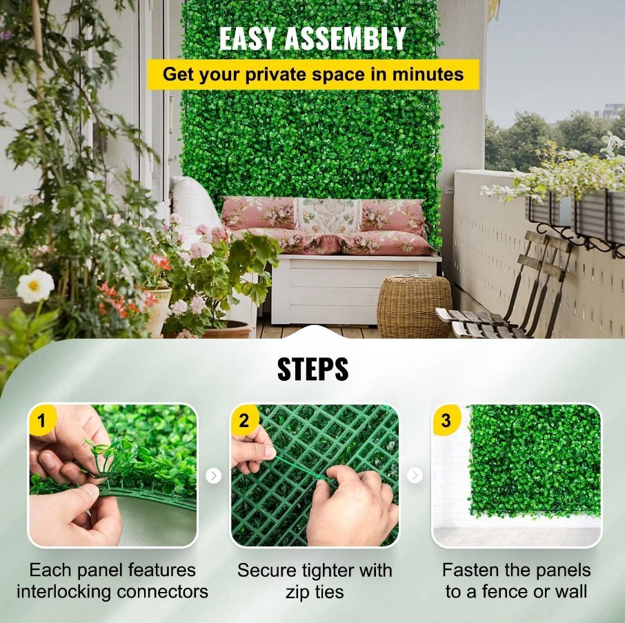 48Pc 10x10in Artificial Boxwood Panels UV Green Hedge