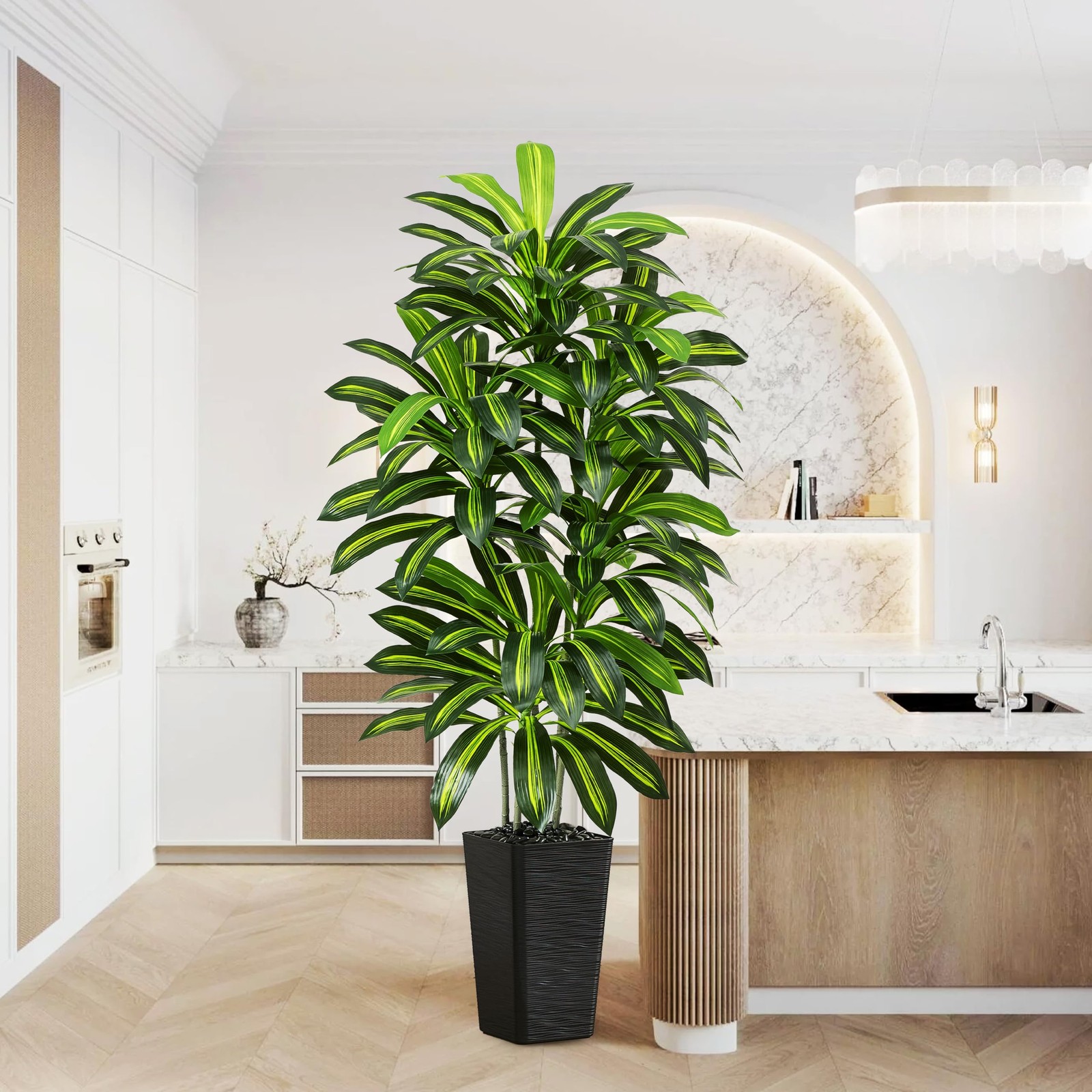 Artificial Dracaena Tree – 6FT Tall Fake Plants with Black Square Planter – A…