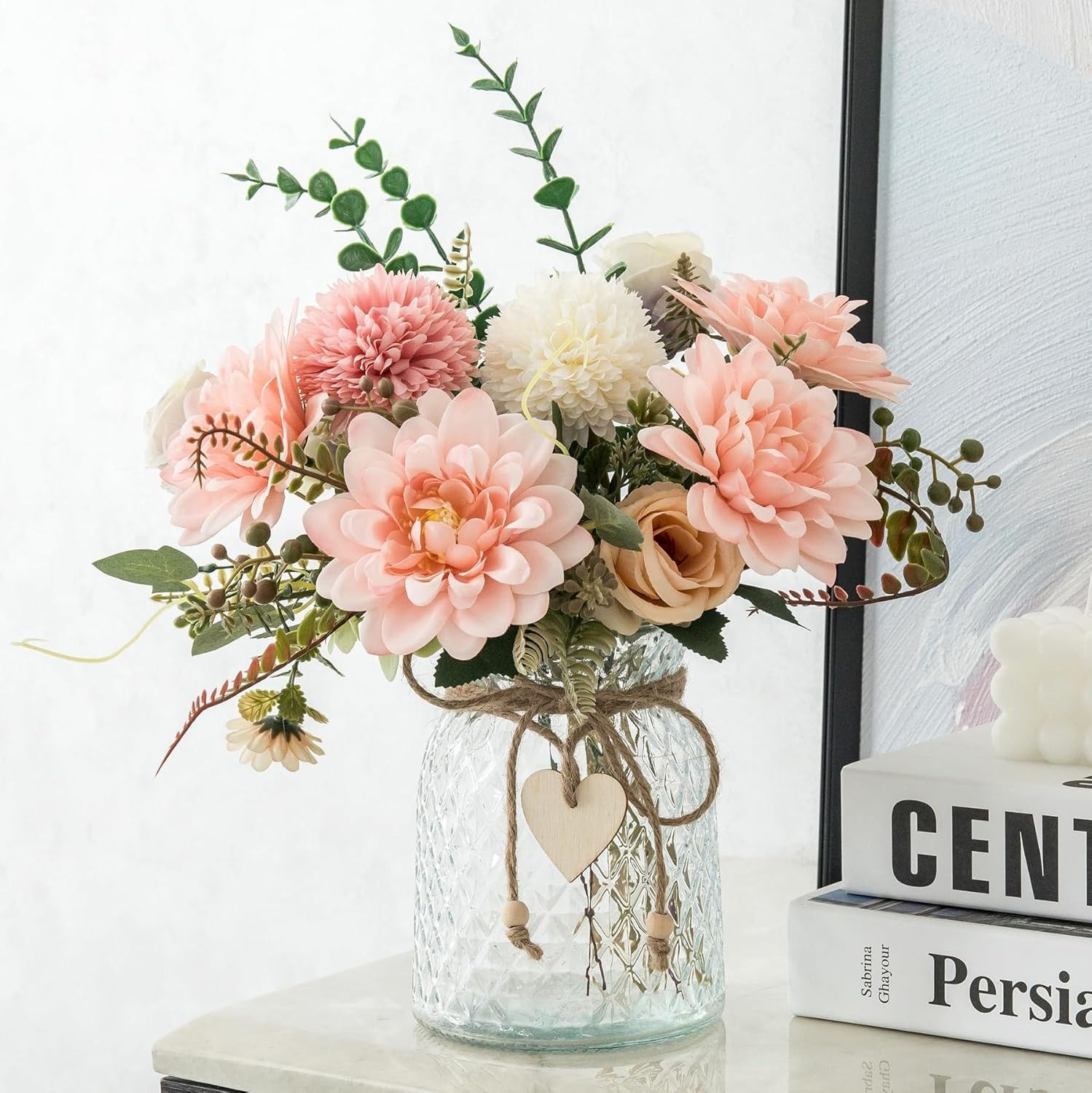 Artificial Flowers Pink Dahlia Silk Faux with Vase Aubcee Fake Home Decor Coffee