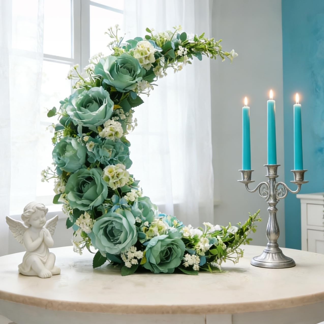 Turquoise Teal Blue Artificial Silk Rose Babys Breath Mixed Flowers Teal Rose