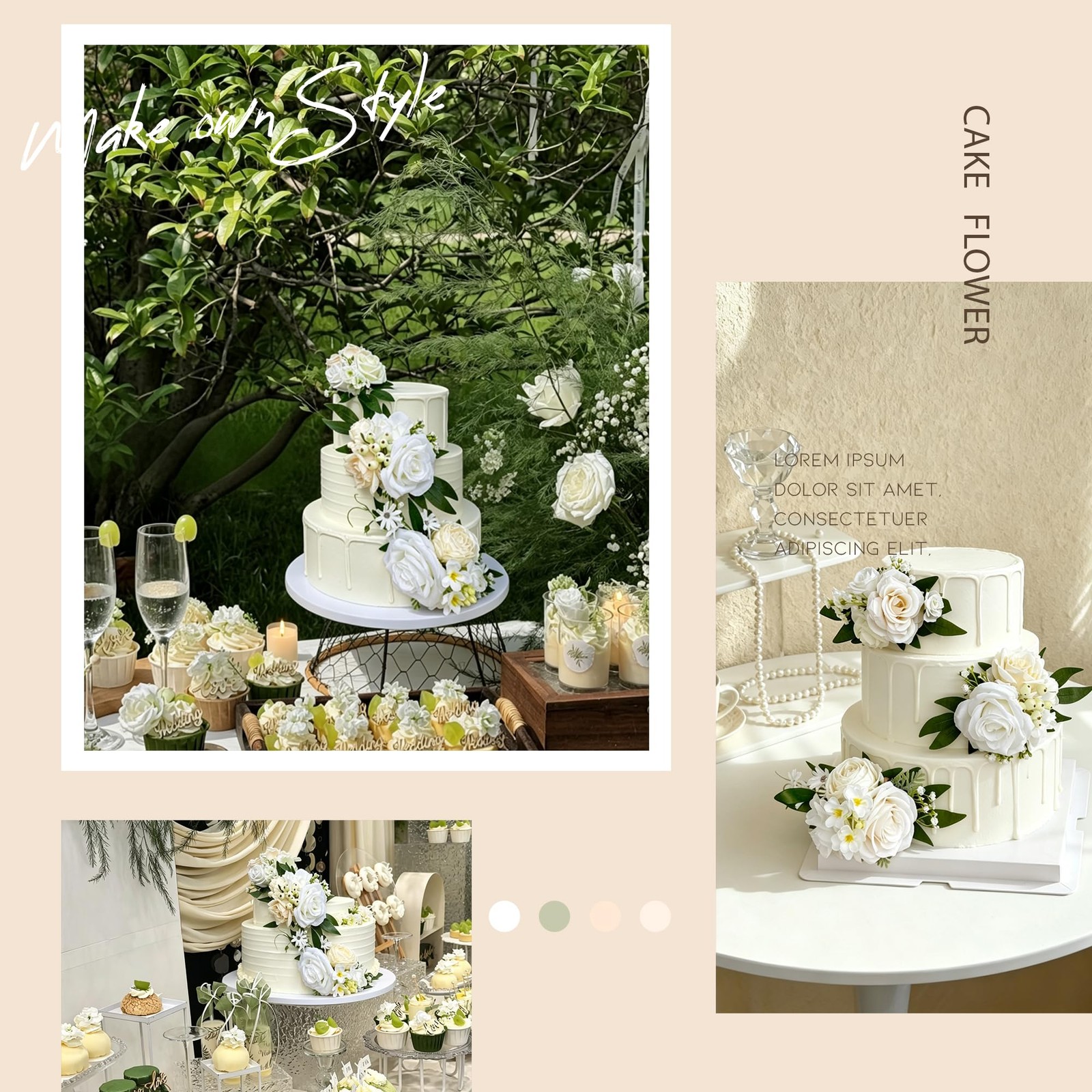 Pre-Made Ivory White Champagne Artificial Cake Flowers Set Silk Roses DIY Cak…