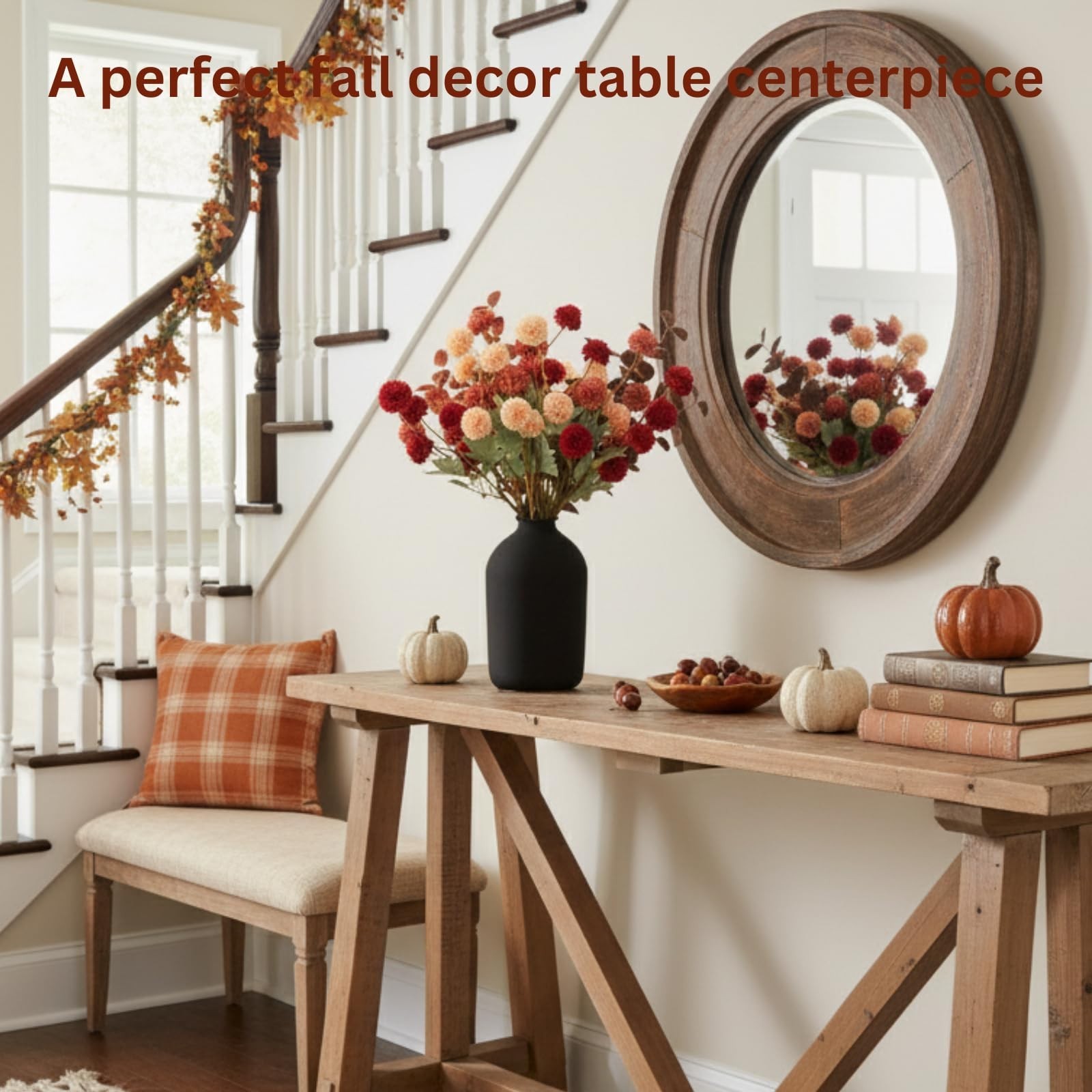 Autumn Floral Arrangement – 10 Faux Kiku Flowers & Eucalyptus, Terracotta Decor