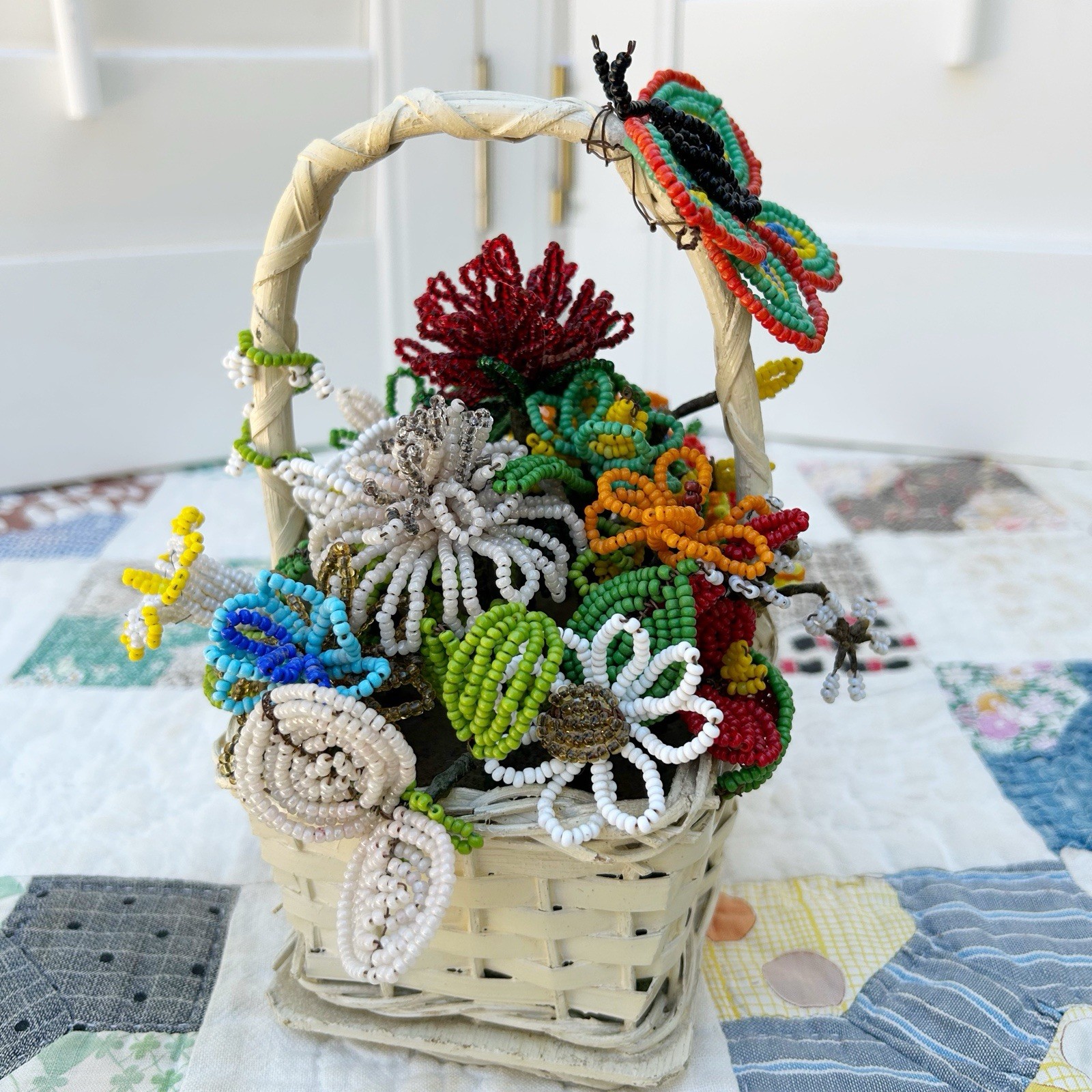 Vintage French Glass Beaded Wire Flower Bouquet Basket Colorful Arrangement