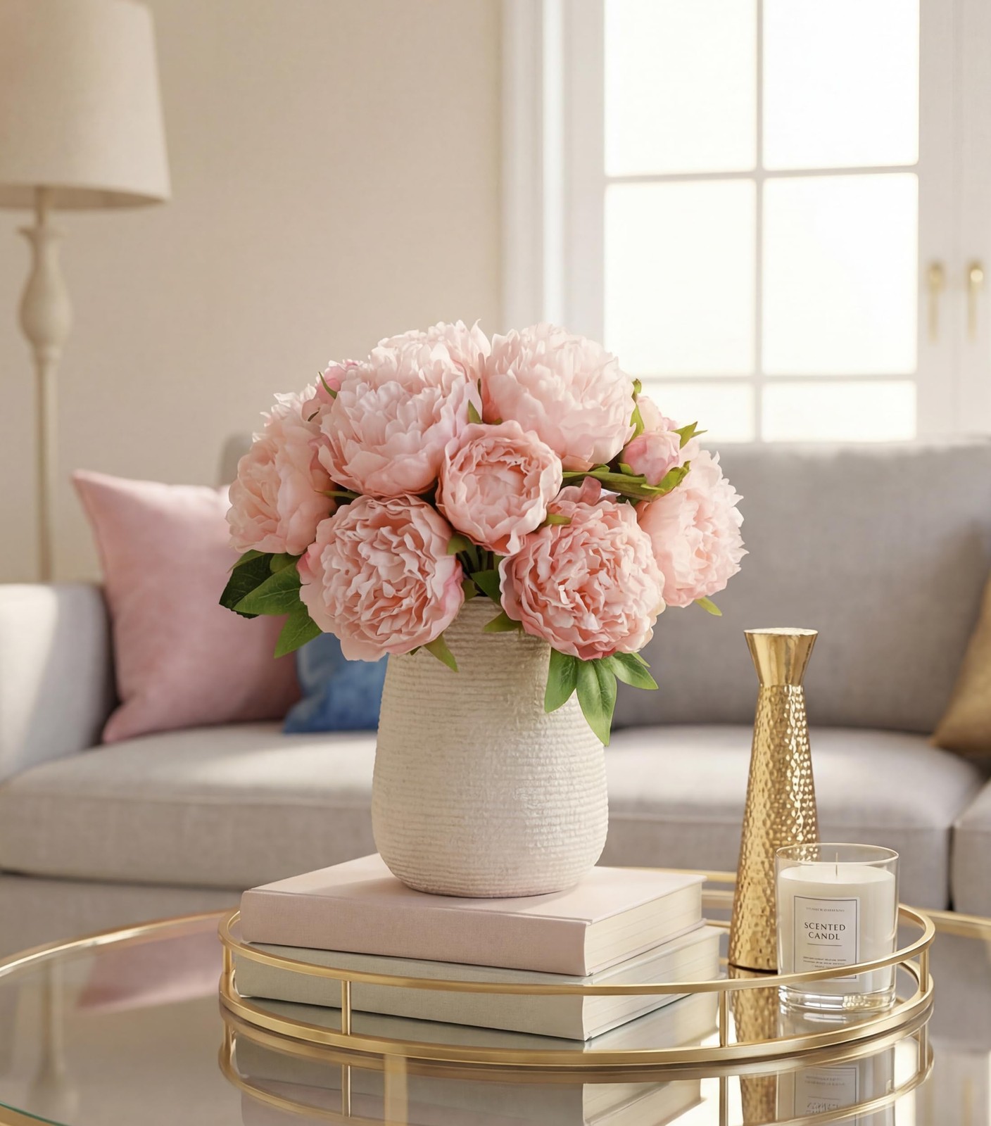 11 Branch Light Pink Peony Artificial Flowers Silk Faux Vase Arrangements