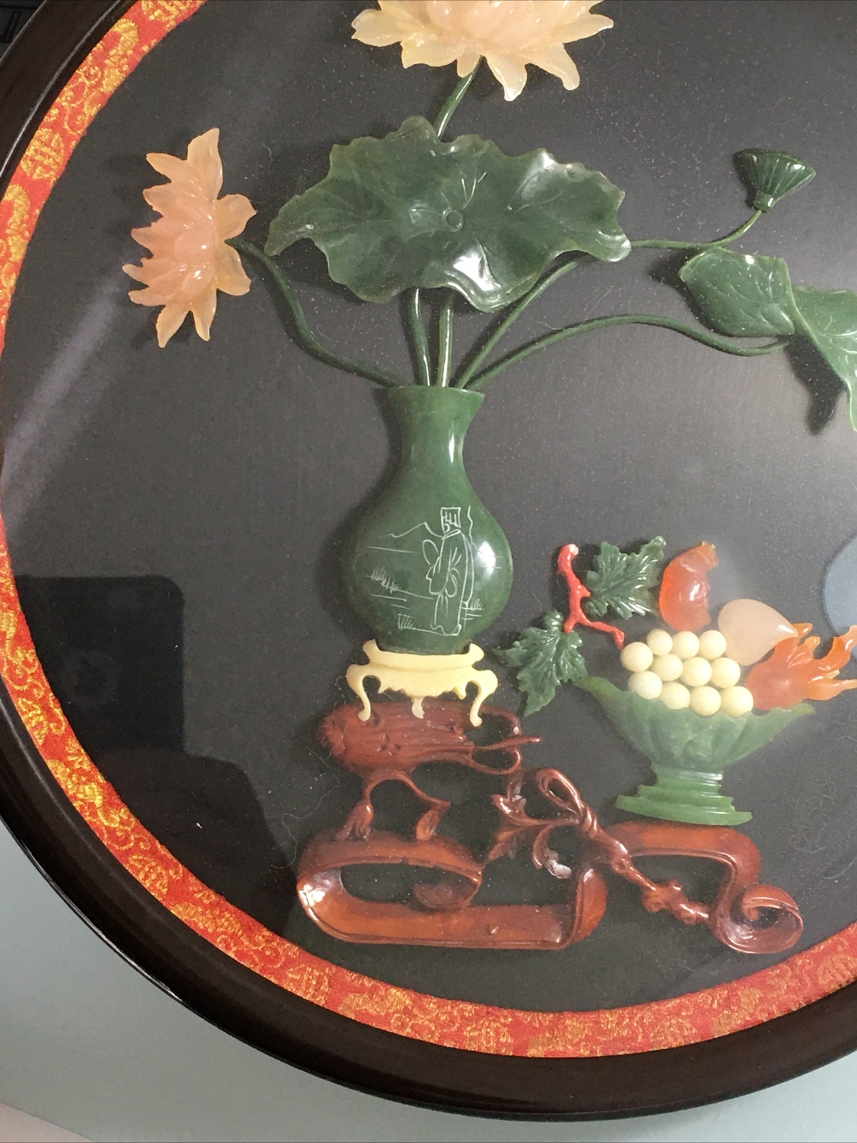 Vintage Beautiful Chinese Carved Green Jade Colored Flowers 12” Round Frame