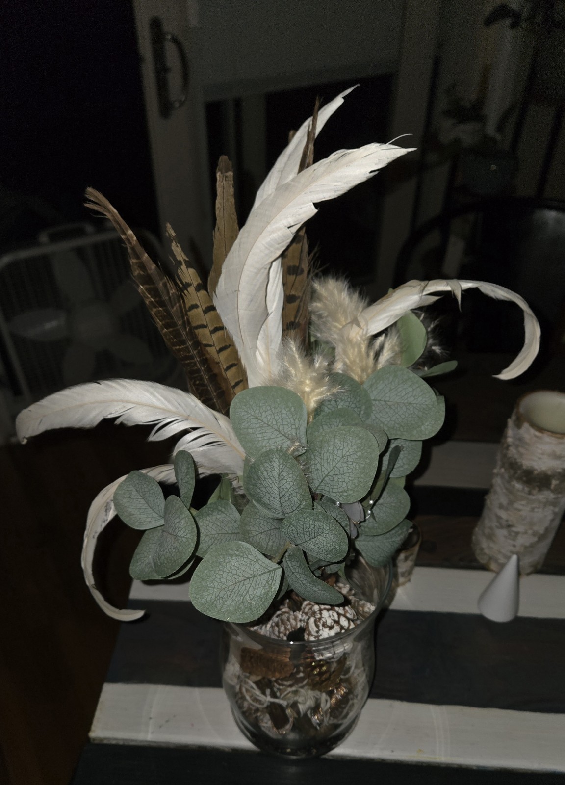 Boho Faux Eucalyptus & Feather Bouquet Rustic Pearl Floral Arrangement