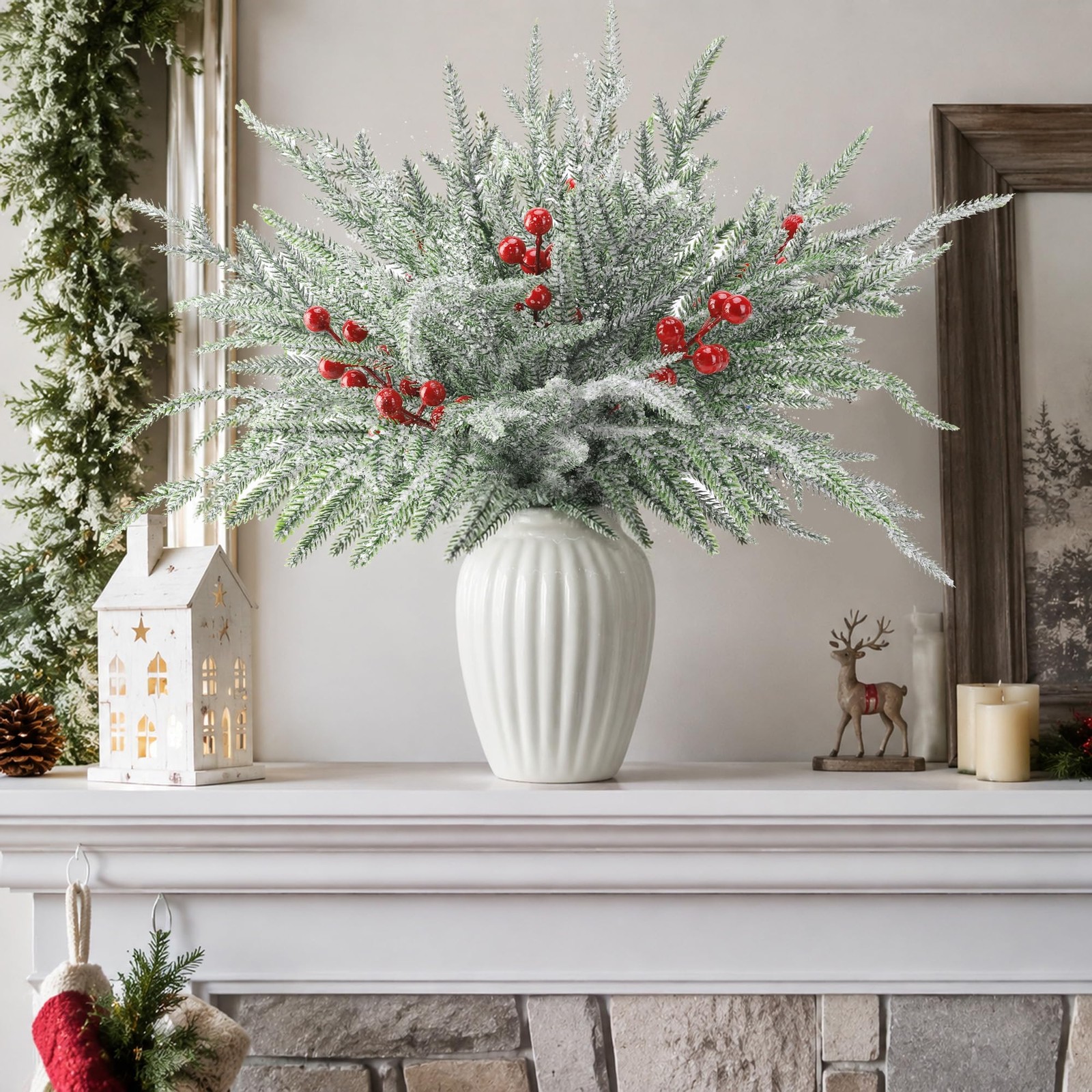 35 Pcs Christmas Snow Norfolk Pine Branches with Red Berry Stems
