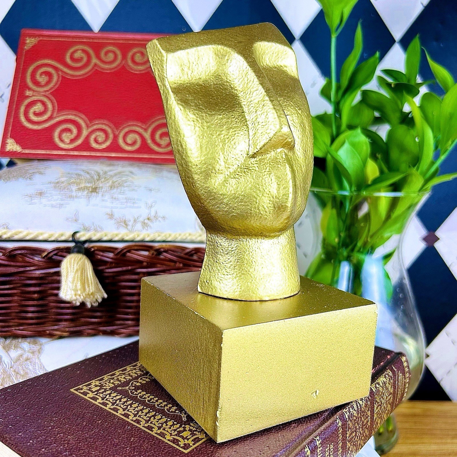 Golden Abstract Face Sculpture Modernist Hollywood Regency Décor