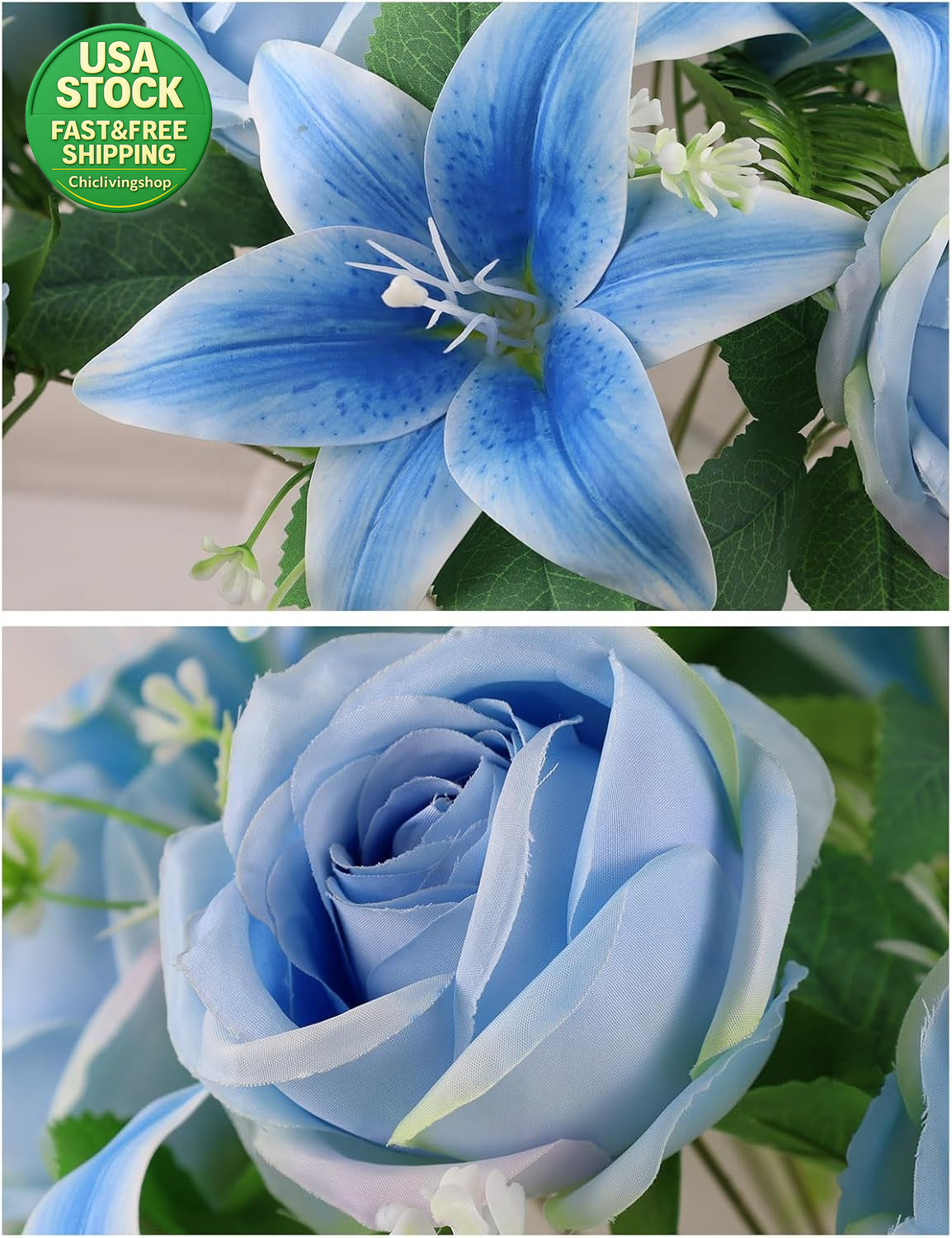 Artificial Cemetery Flowers 2 Set Lilies Roses Mixed Blue Silk with Vases