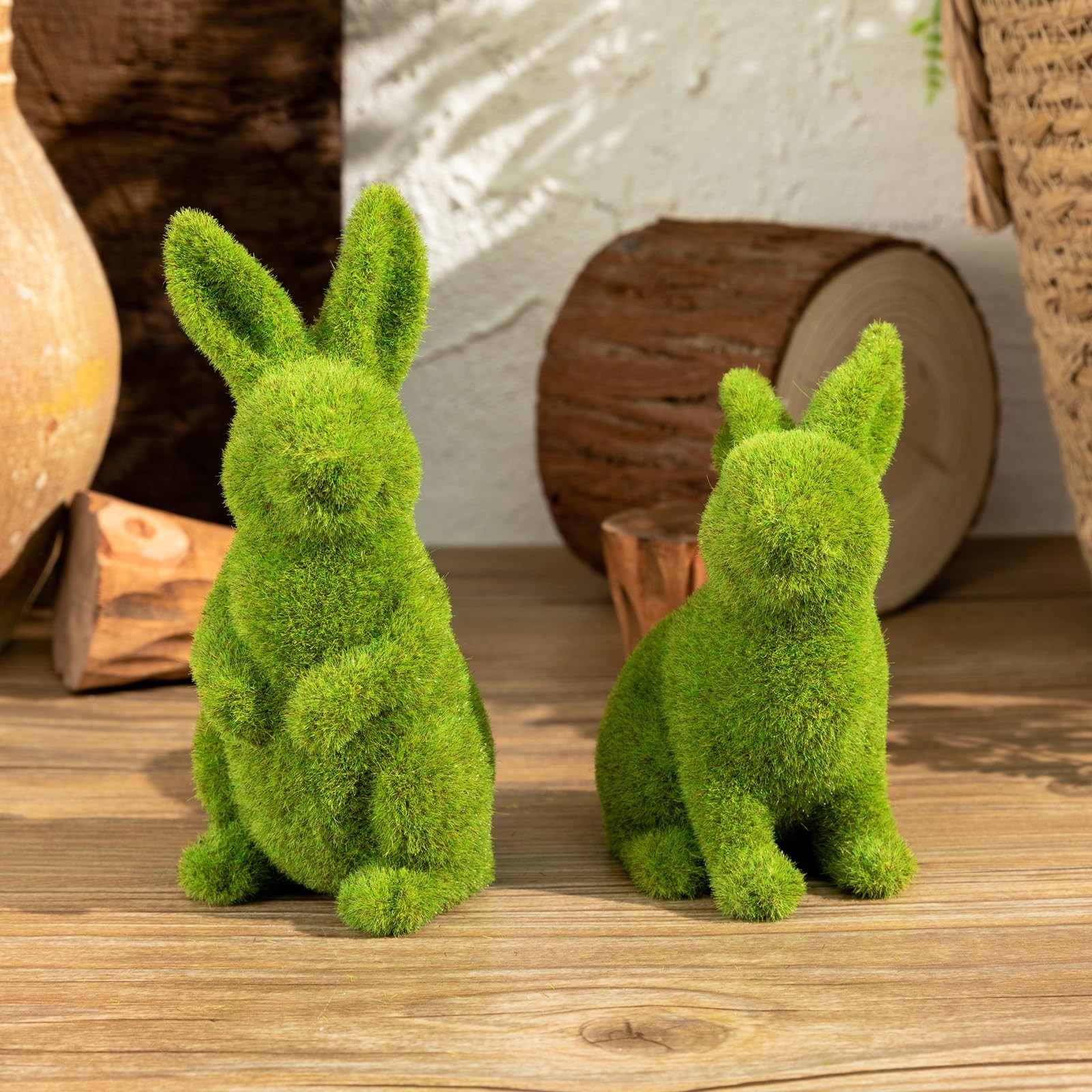 2 PCS Small Green Moss Easter Bunny Decorative Ornament Artificial Sculpture