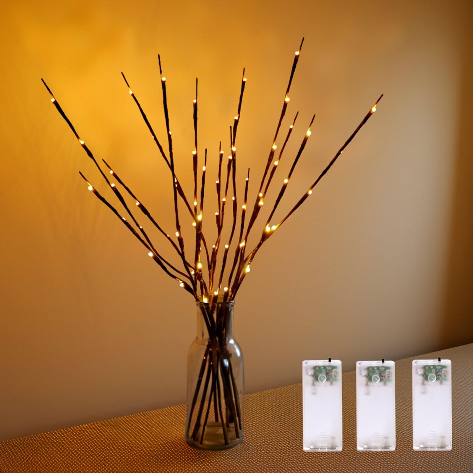 3 PCS 30 Inch 60 LED Orange Lighted Willow Branches Fairy Lights Home Party