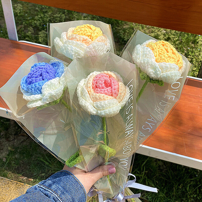 Hand Knitted Flower Yarn Crochet Rose Flowers Hand Craft Bouquet Wedding Decor