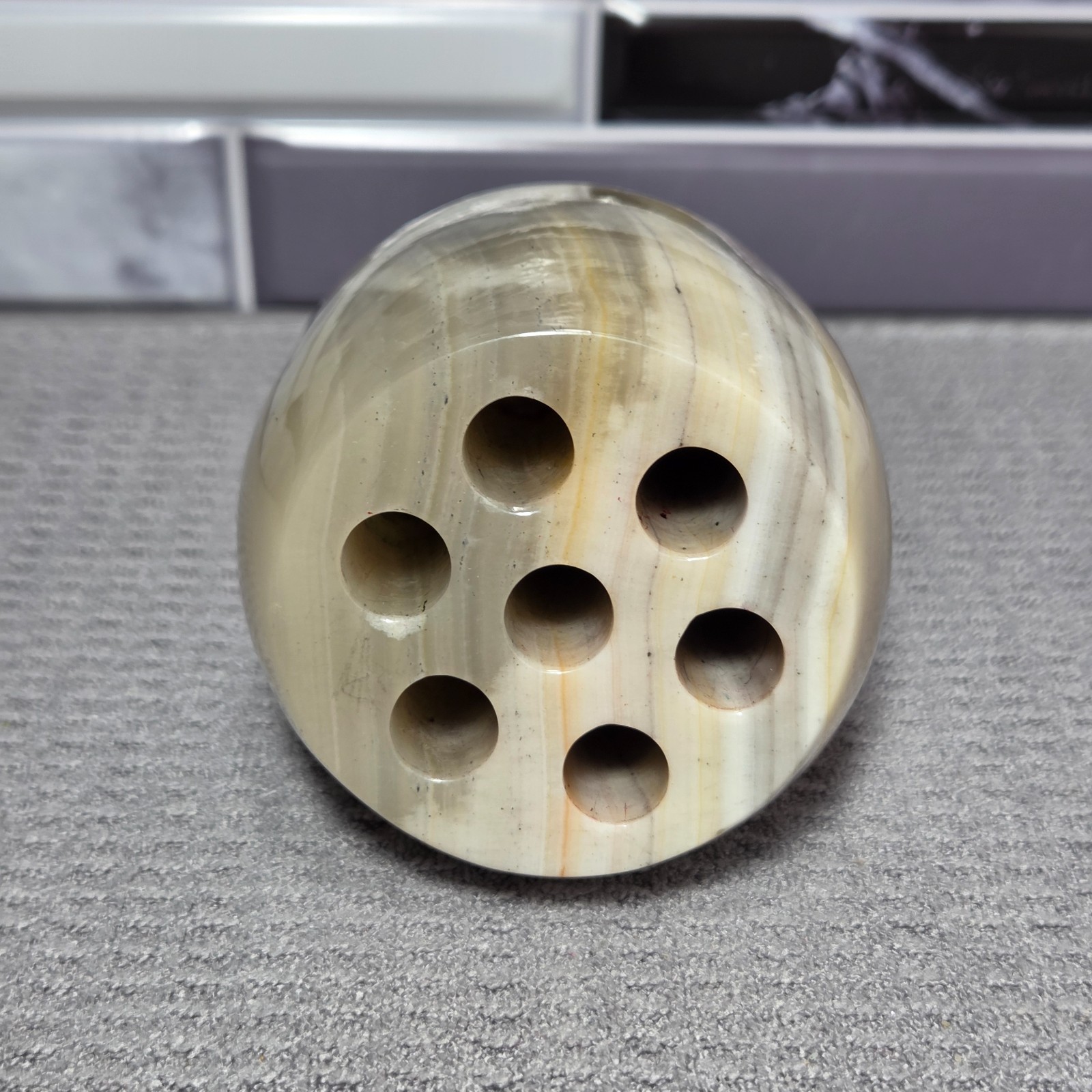 Flower Frog Round Marble Stone Onyx Alabaster 7 Holes Gray Cream Gold Colors