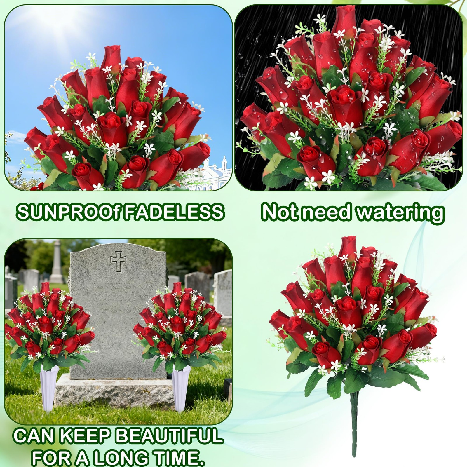 Red Artificial Rose Memorial Cemetery Flowers With Vase 2 PCS