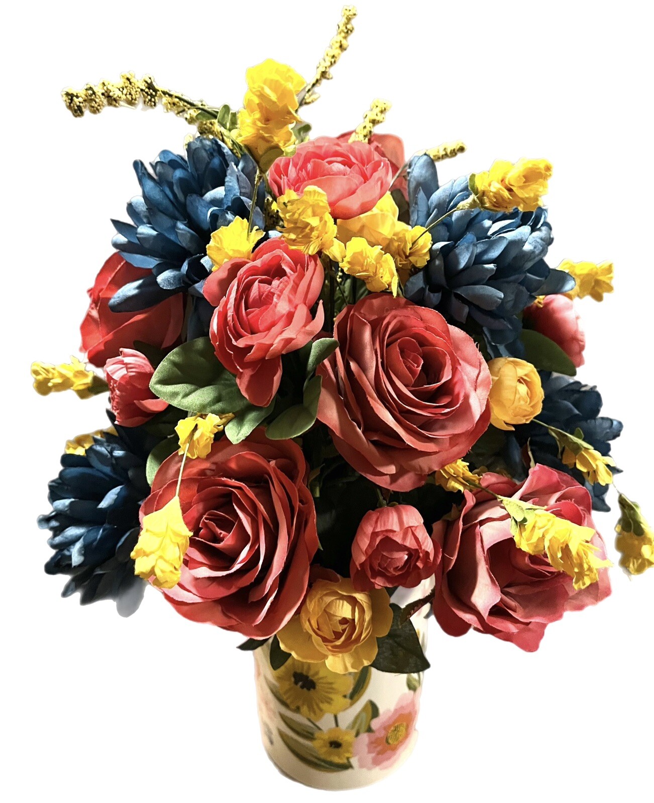 Salmon Pink Rose Blue Floral Arrangement In Floral Vase 15”