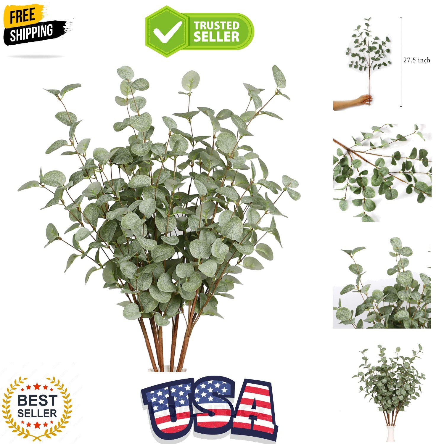 6 Pcs 27″ Eucalyptus Stems Greenery Stems Eucalyptus Leaf Spray in Green Silk…