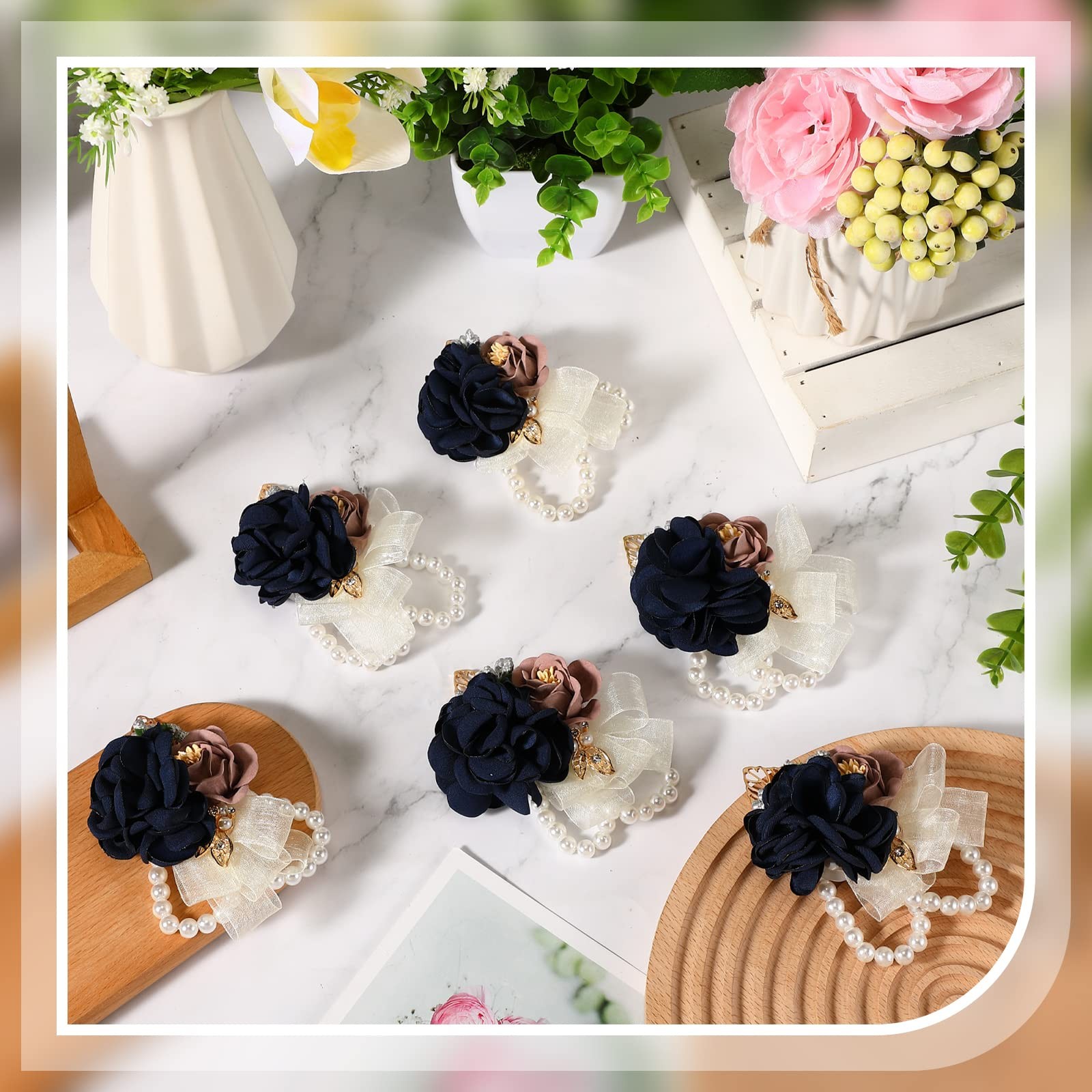 6 PCS Navy Blue Rose Wrist Corsage, Pearl Bead Wristband for Wedding, Prom