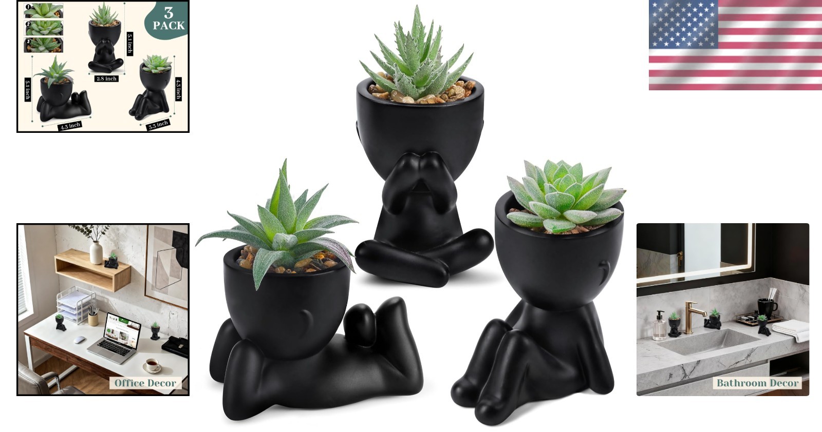 Versatile Black Human-Shaped Plant Pots: 3 Cute Faux Succulents for All Spaces