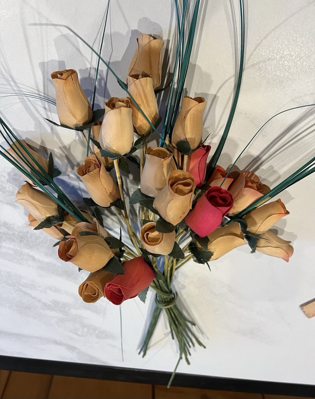 2 dozen Shaved Wood Rose Buds on stems, Cream and Rose Colors