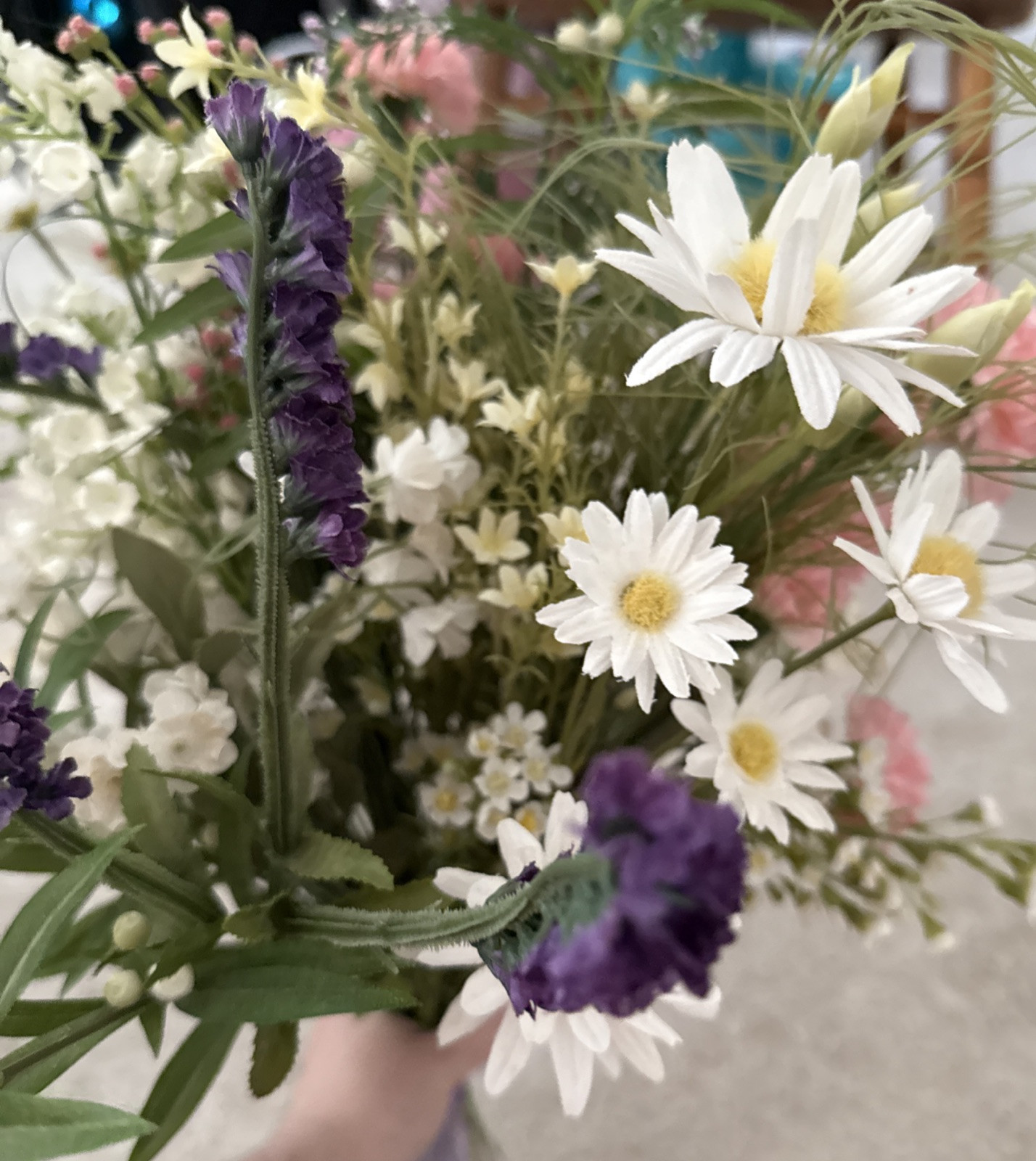 Floral Arrangement Bouquet Flowers Pink Purple White Yellow Green Rustic Wild