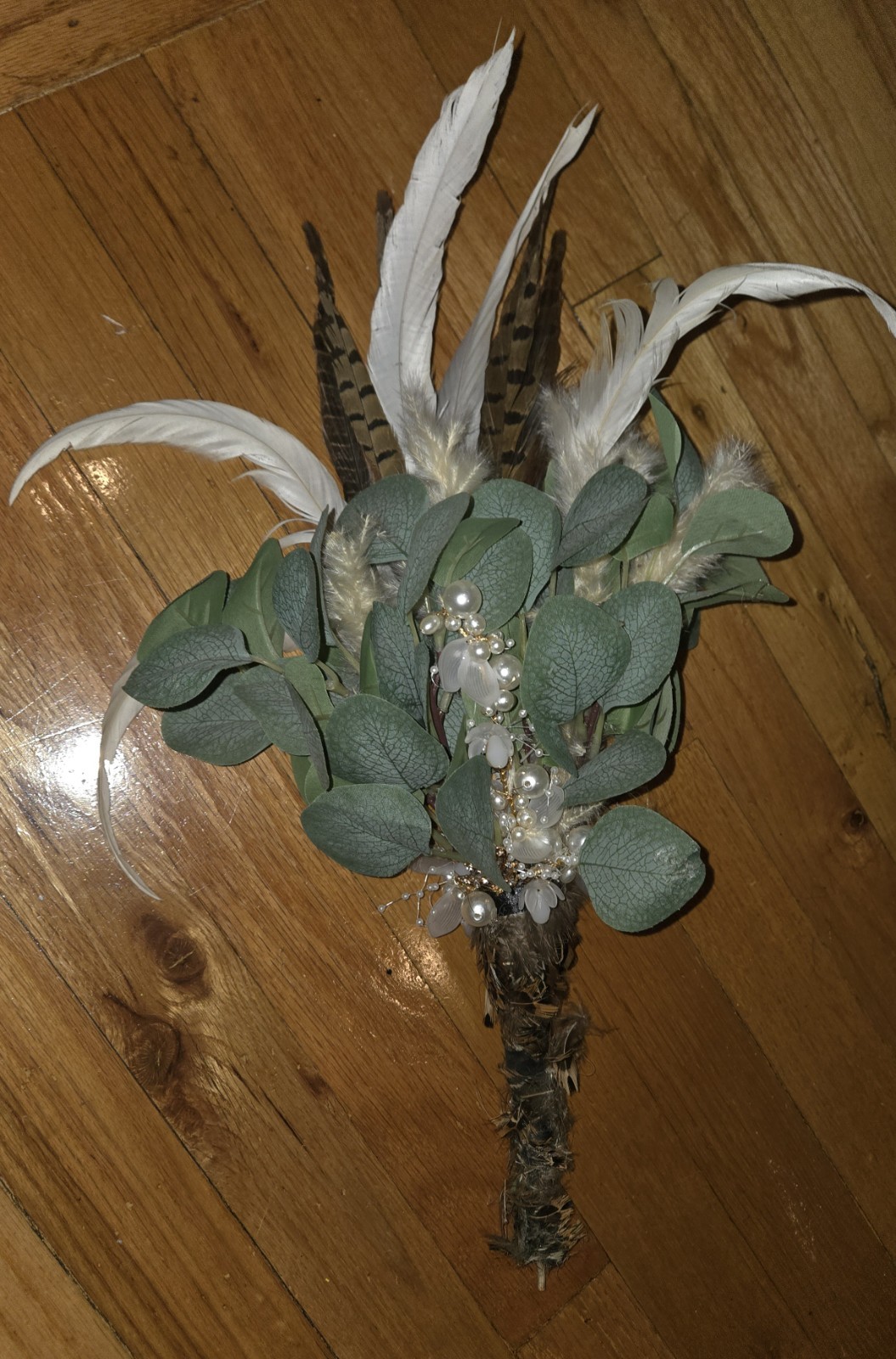 Boho Faux Eucalyptus & Feather Bouquet Rustic Pearl Floral Arrangement