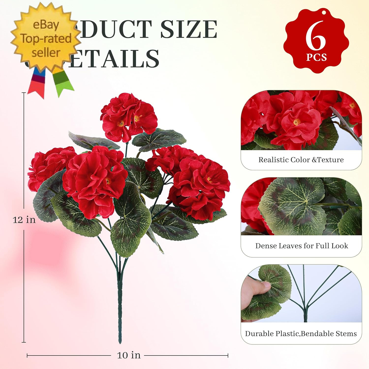 6 Pack Red Artificial Geraniums Flowers for Outdoors UV Resistant Faux Flowers f