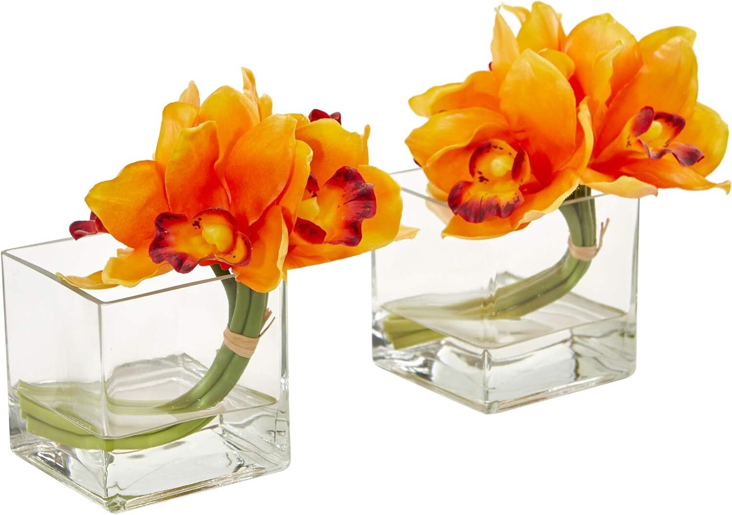 Nearly Natural Cymbidium Orchid Artificial Glass Vase (Set of 2) Silk Arrangemen