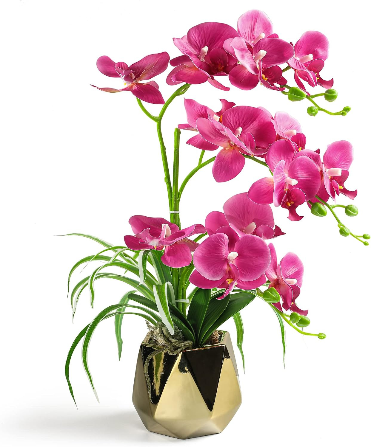Fuchsia Artificial Orchids in Gold Vase | Elegant Home Decor Plant