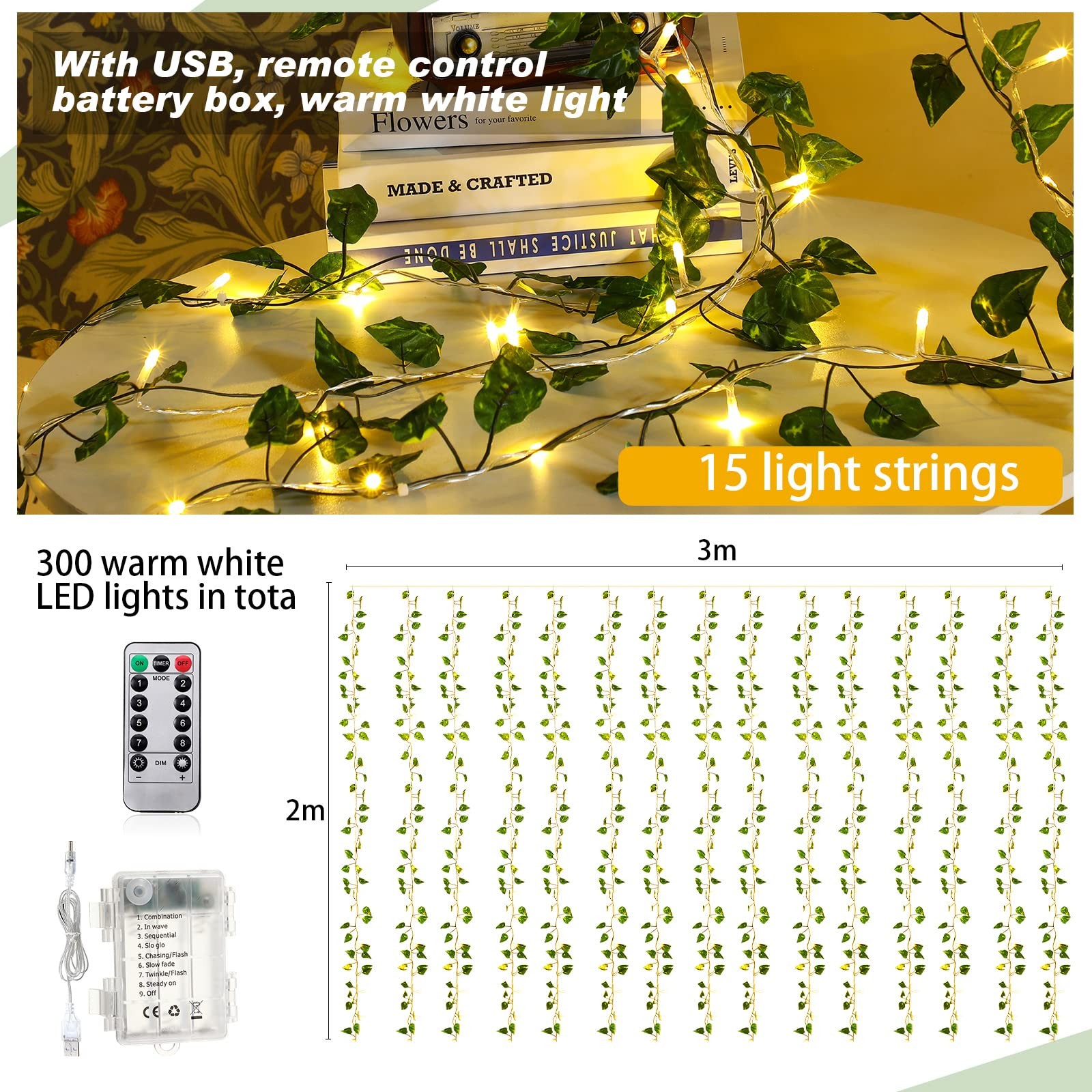 15 Pcs 6.6 ft 300 Fake Ivy Vines with Lights for Bedroom String Fairy Light C…