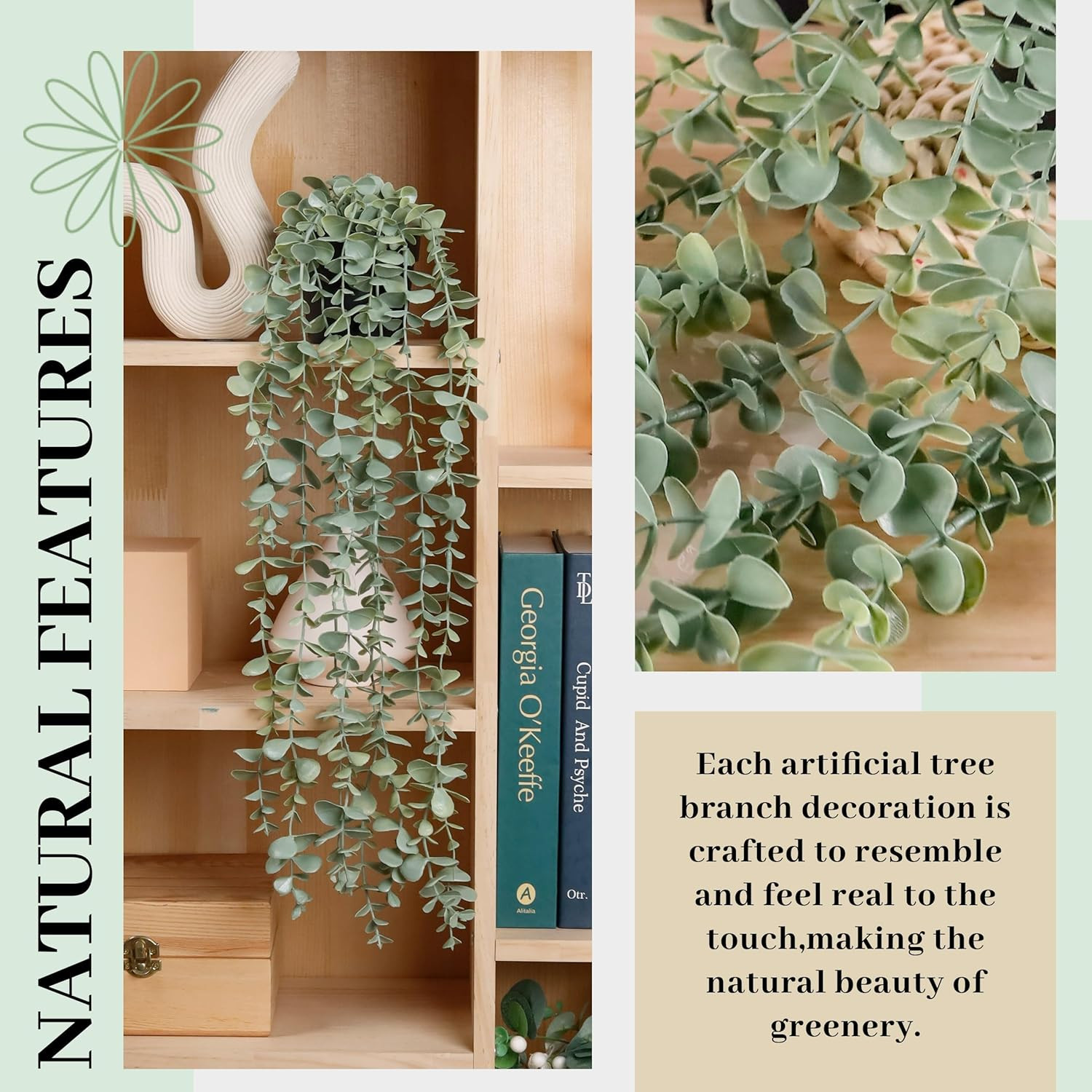1 Pack Fake Hanging Eucalyptus Vine Plant for Bathroom Home Shelf Bookcase Decor