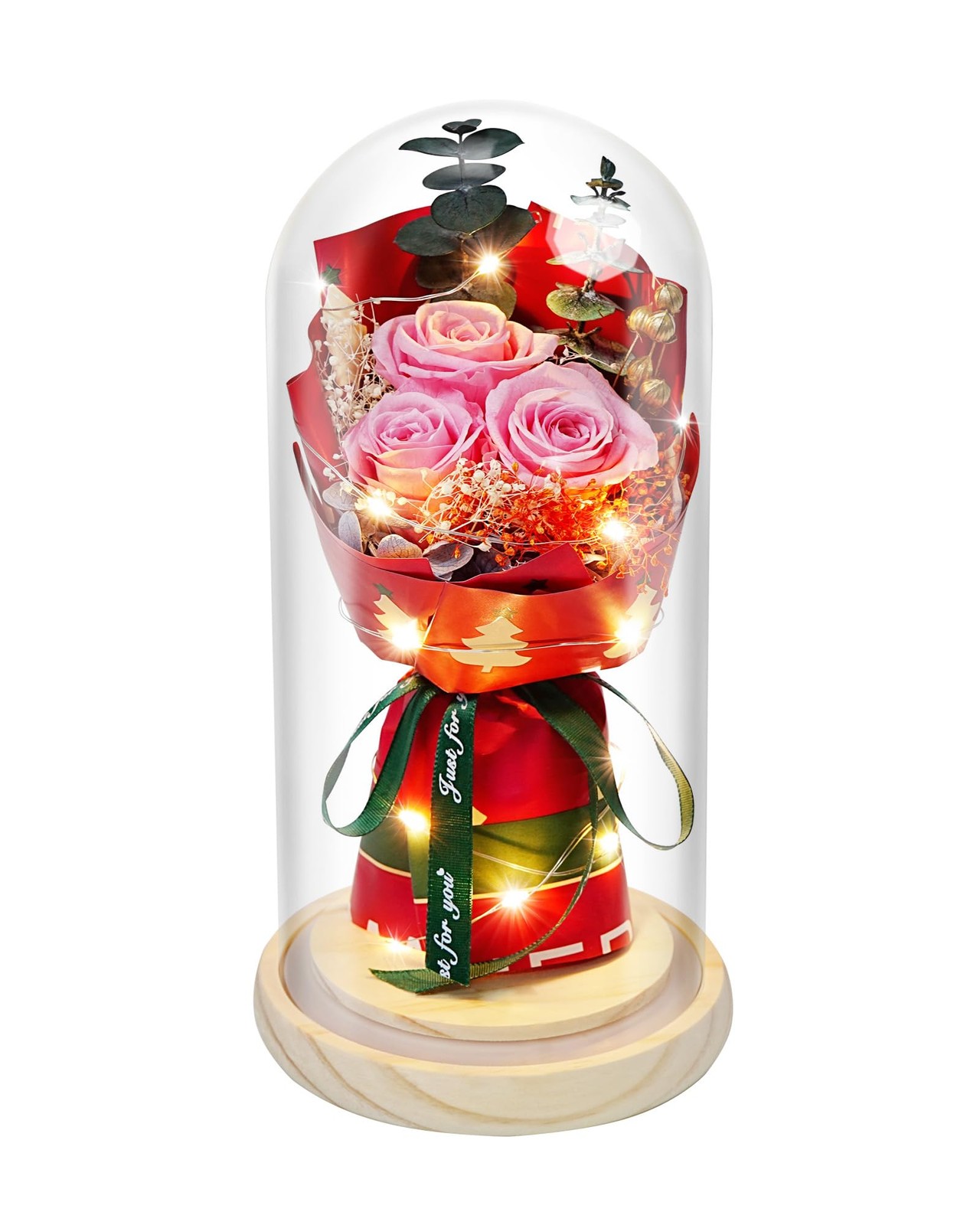 HVY Preserved Flowers in Glass for Her,Pink Real Rose Bouquet with LED Light,Ete