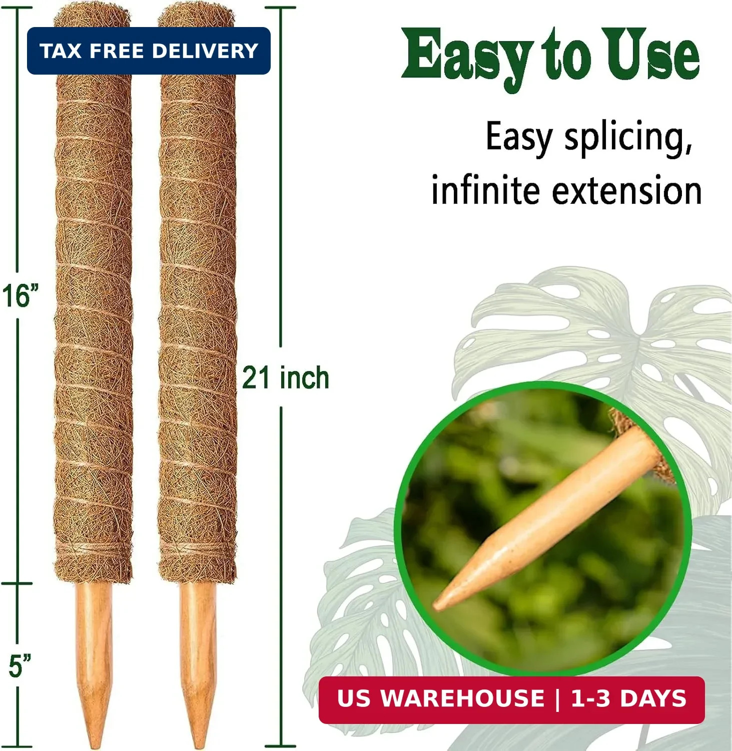 2 Pack 21 Inch Moss Poles, Stackable Moss Pole for Plants Monstera, 37 Inch Tall