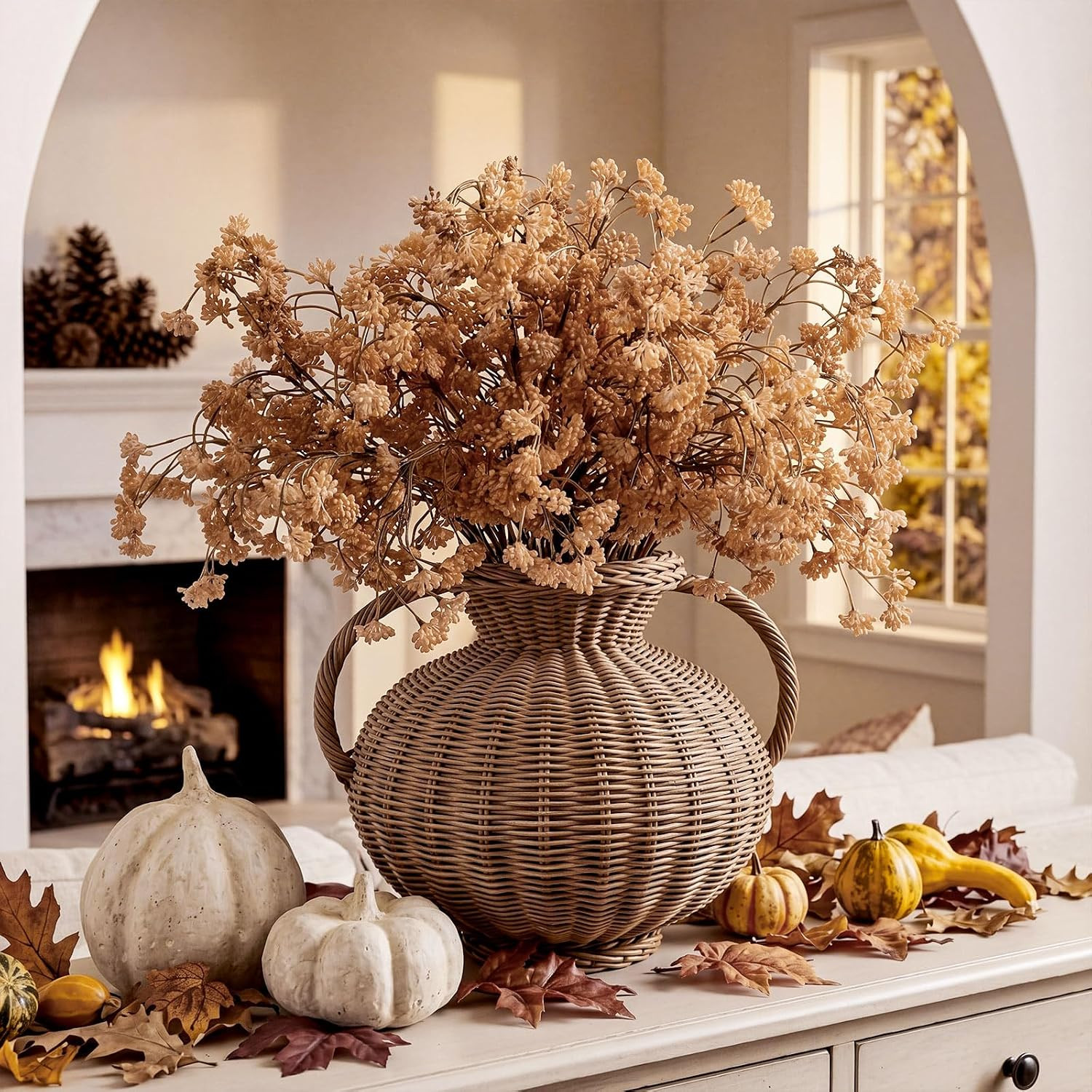 Beige Faux Berry Stems – 6 Pcs Realistic Sedum Picks for Fall Decor