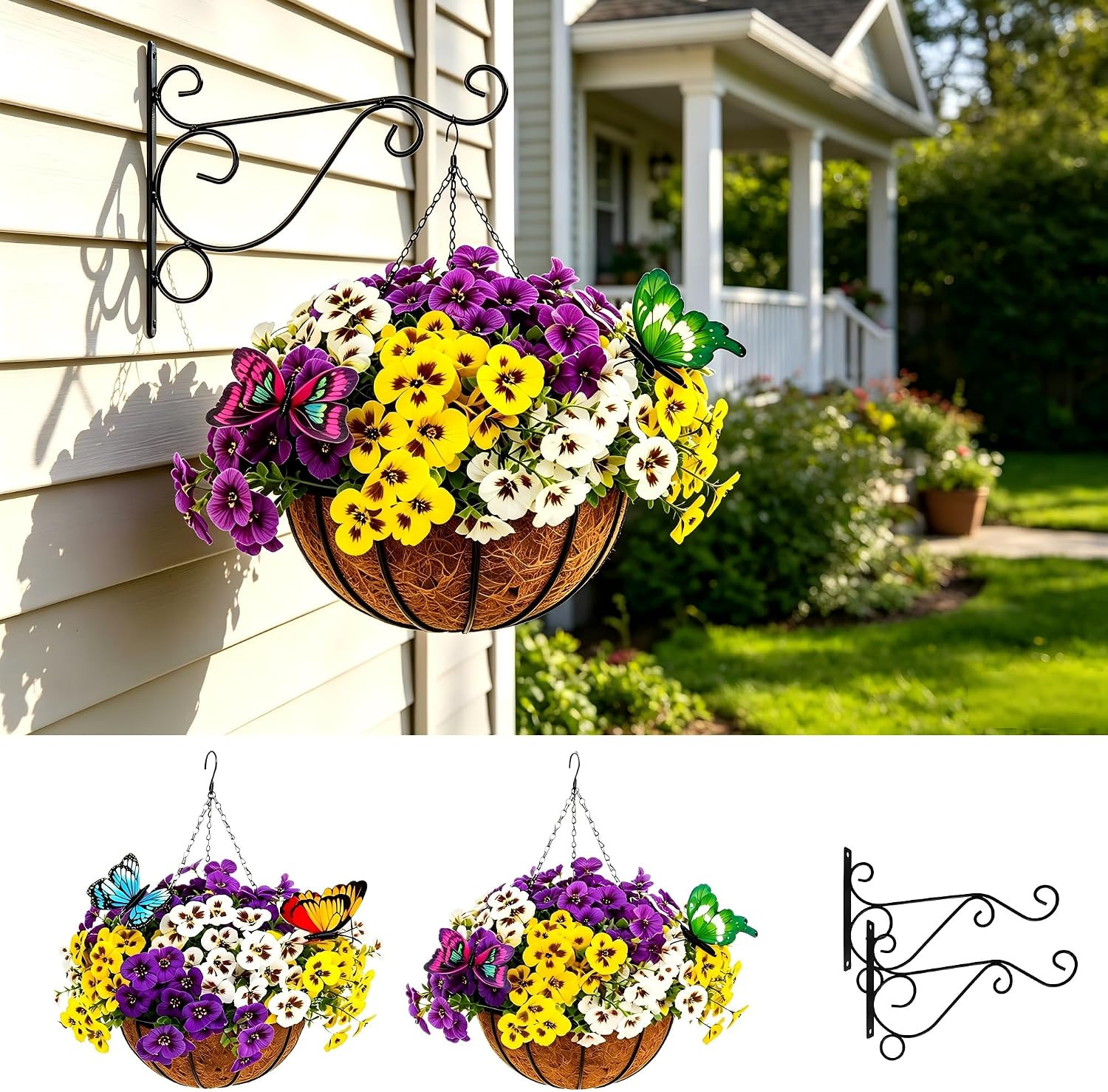 2 Sets Faux Pansy Hanging Baskets for Home & Garden – Yellow, Cream, Lavender