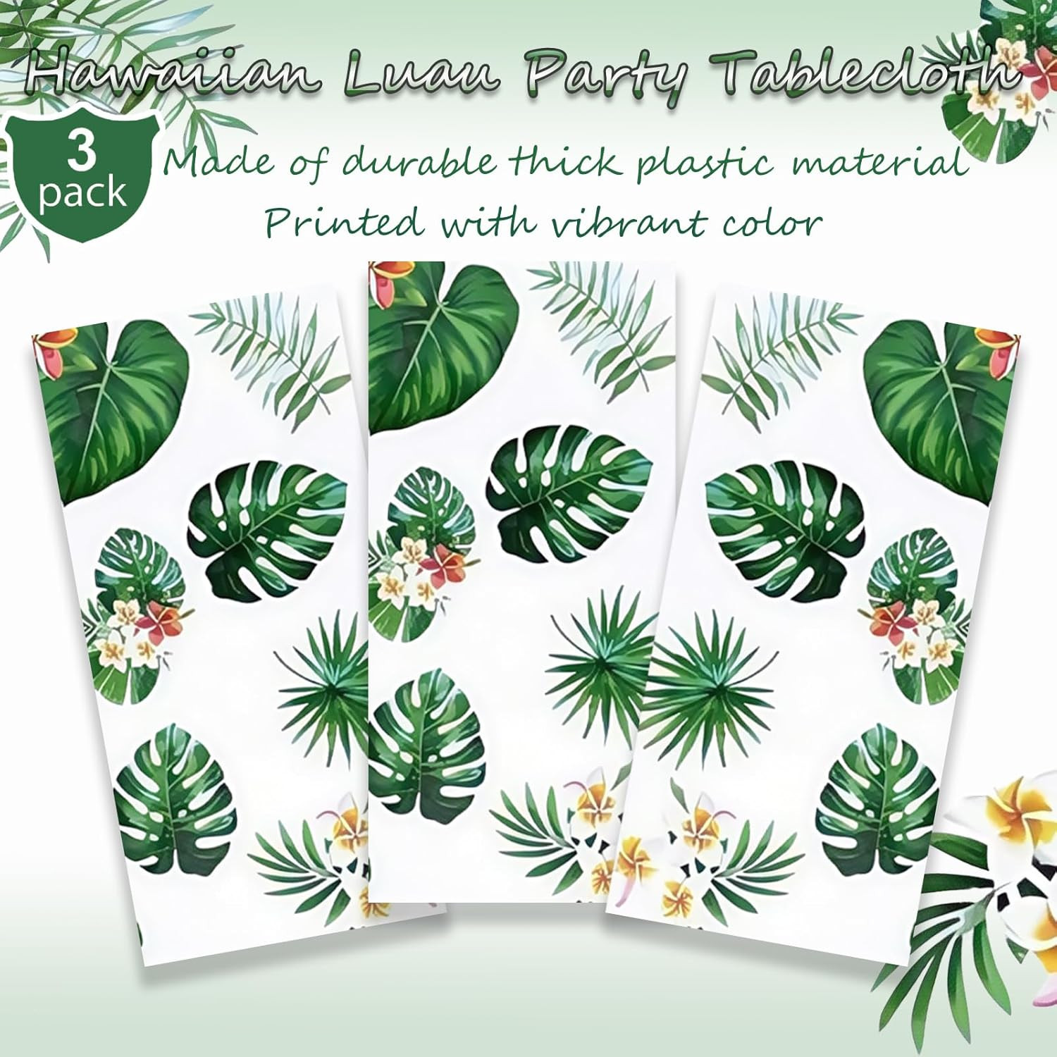 Hawaiian Luau Party Tablecloths(3 Packs), 108X54 Inch Tropical Palm Leaves Table