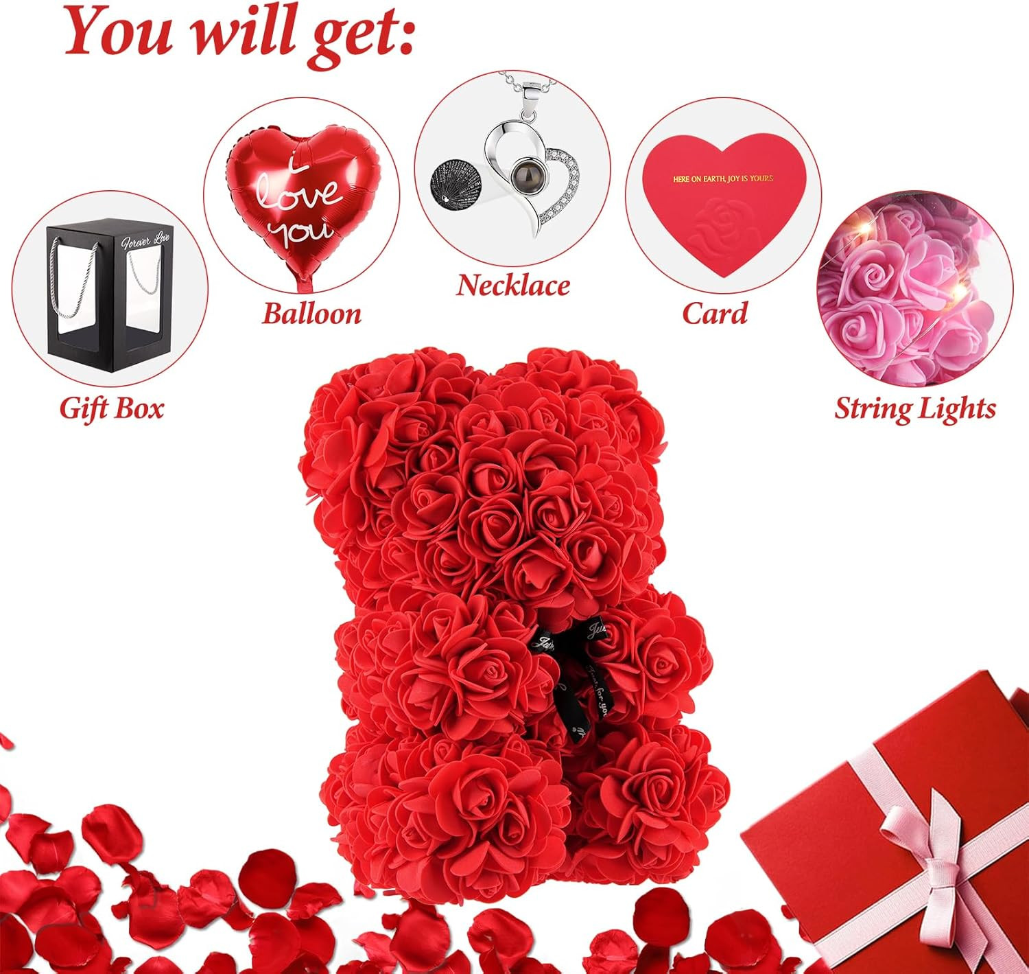 Rose Bear 10 Inch Red Flower Teddy Bear with Lights Box I Love You Necklace Card