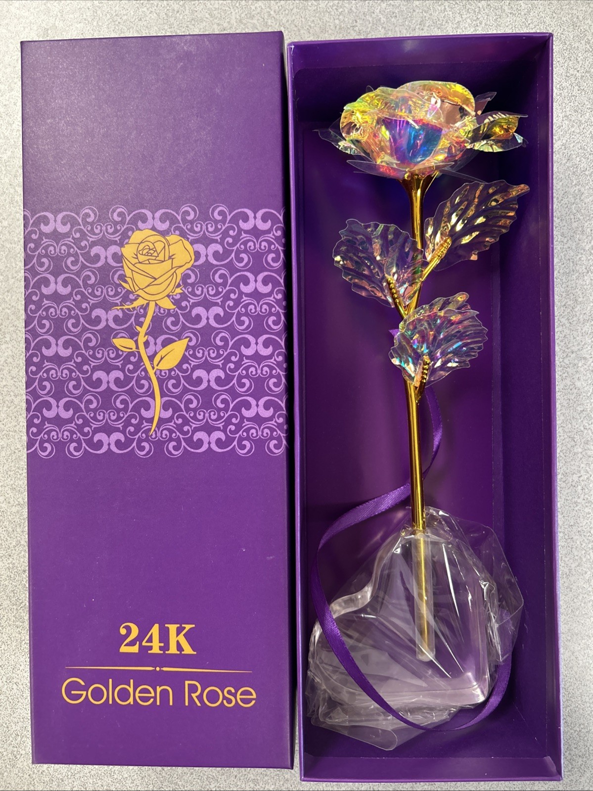 Artificial 24K Golden Rose Gift Keepsake Open Flower Box Clear Heart Base Ribbon