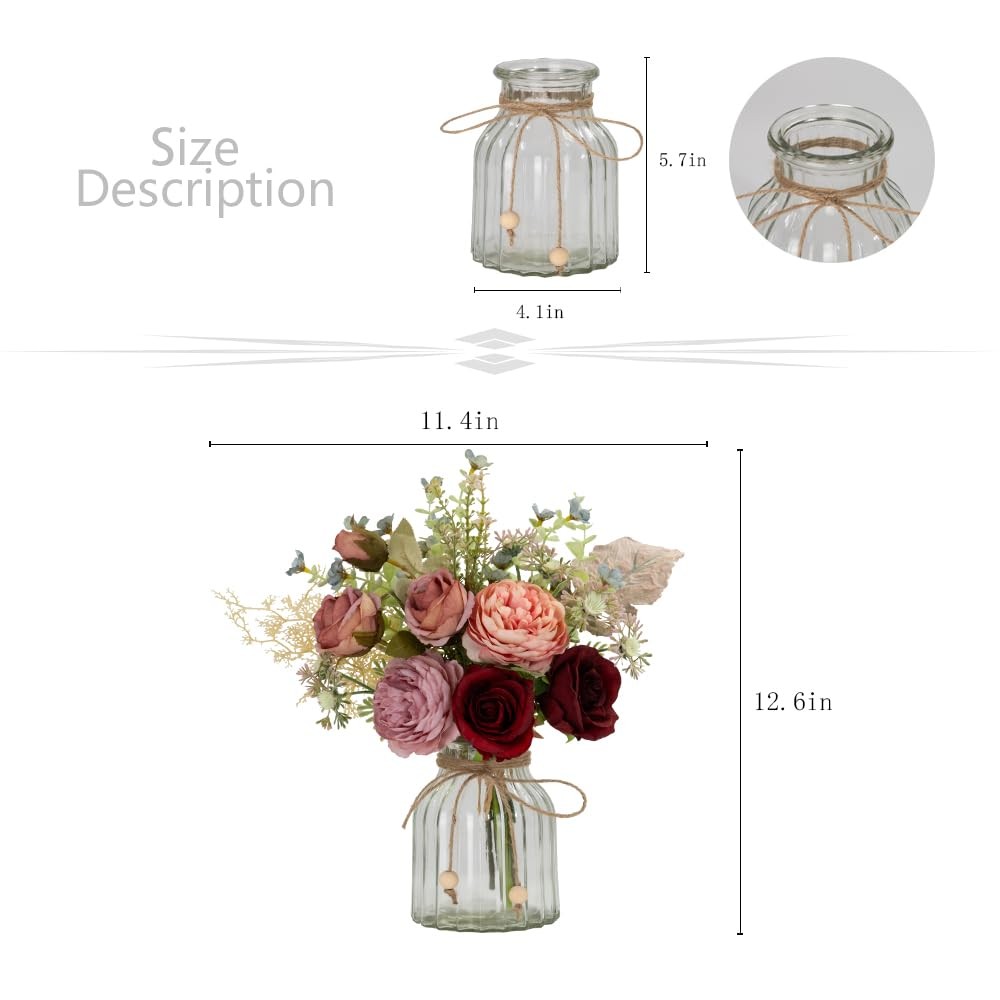 Fake Artificial Flowers with Vase Faux Silk Flower Bouquet in Glass Vase Rose…