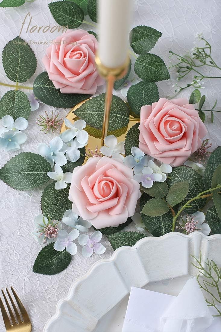 Artificial Roses 50pcs Blush Heirloom Foam Fake Flowers with Stems for Weddin…
